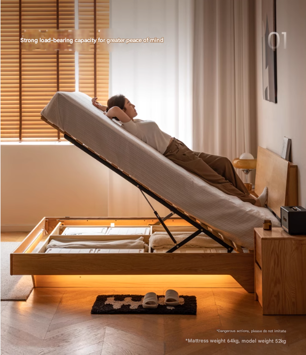 Solid Oak & Black Walnut Wood Floating Platform Bed with LED Lighting - Modern Bedroom Furniture for Contemporary Home Decor