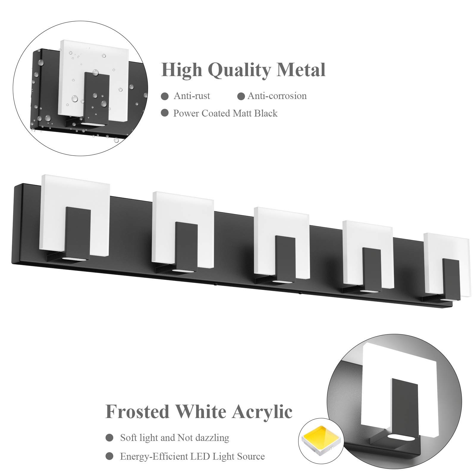 Aipsun 5-Light Modern Black Vanity Light Fixture - Up & Down LED Bathroom Wall Light for Mirror (6000K Cool White) - Perfect for Bathroom, Dressing Room & Makeup Area Lighting