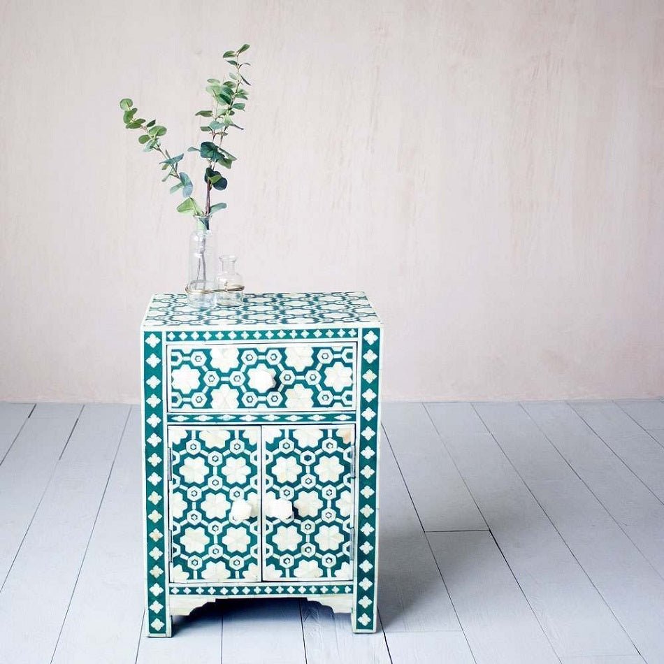 Handmade Bone Inlay Green Floral Nightstand with Drawer & Doors - Vintage Bedside Table for Bedroom Decor, Living Room Accent Furniture