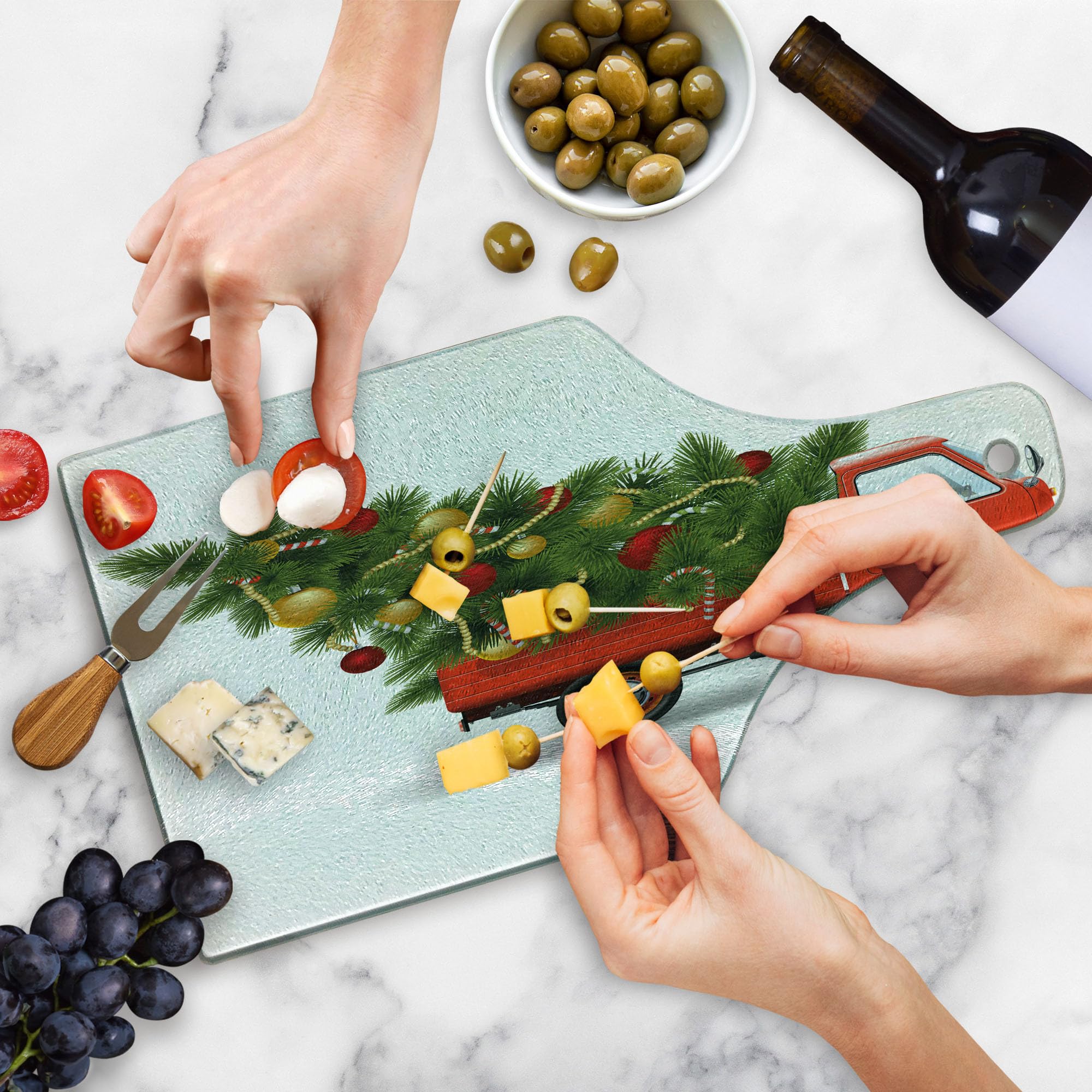Ambesonne Christmas Cutting Board - Red Retro Farm Truck & Christmas Tree Design, Tempered Glass Serving Board for Holiday Decor, Wine Bottle Shape in White Red Green | Perfect for Christmas Dinner, Party Serving & Festive Kitchen Decor