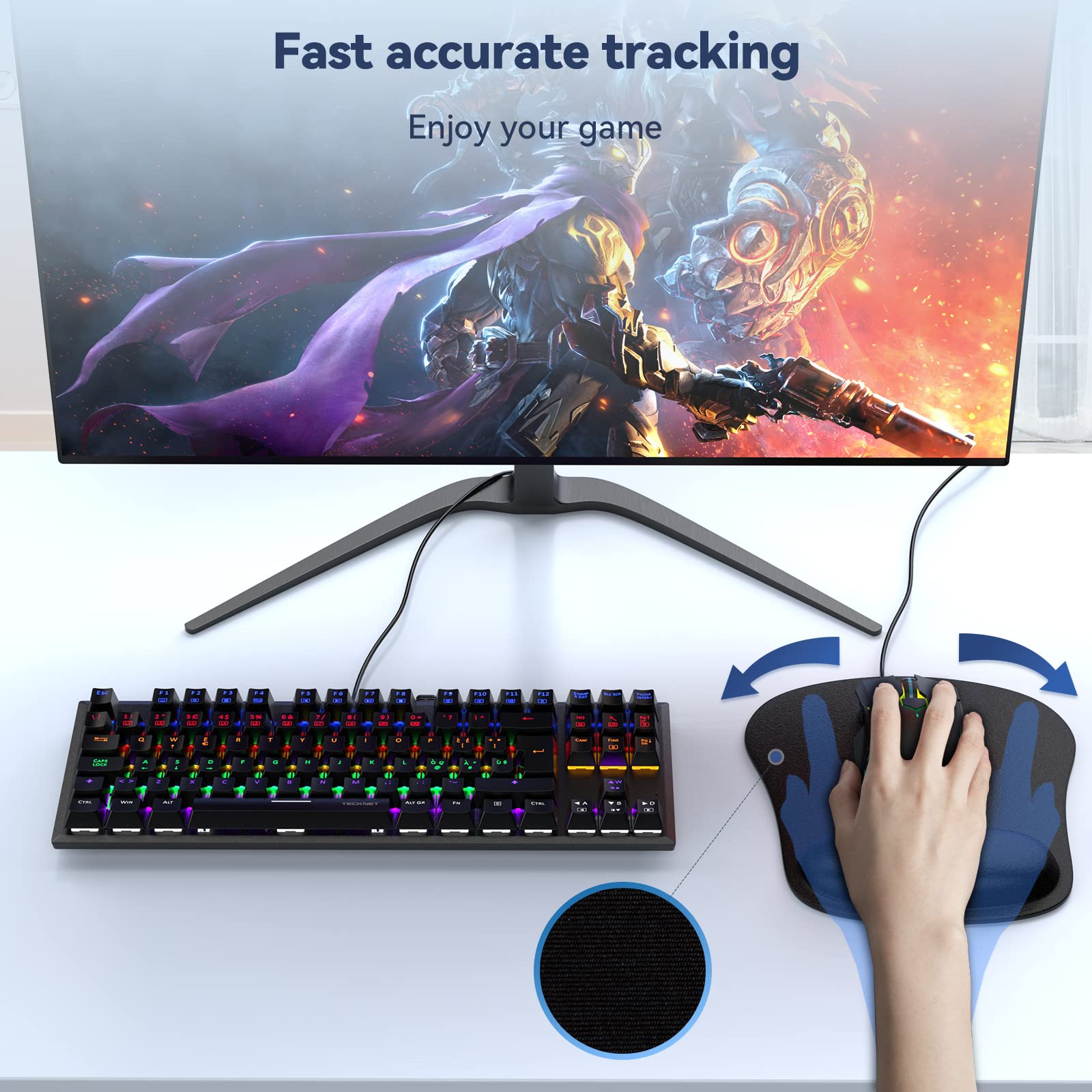 TECKNET Ergonomic Gaming Mouse Pad with Wrist Support - Pain Relief Comfort for Computer, Laptop, Office & Travel - Non-Slip Base & Waterproof Surface (Black) - Perfect for Long Gaming Sessions, Office Work & Home Use