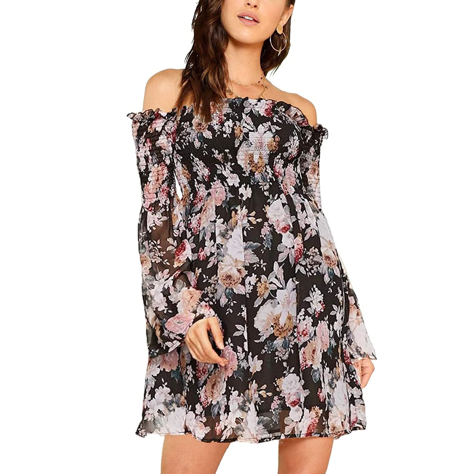 Women's Floral High Waist Summer Dress - Ruched Flared Sleeve Off Shoulder Flowy Midi Dress for Beach, Vacation & Date Night