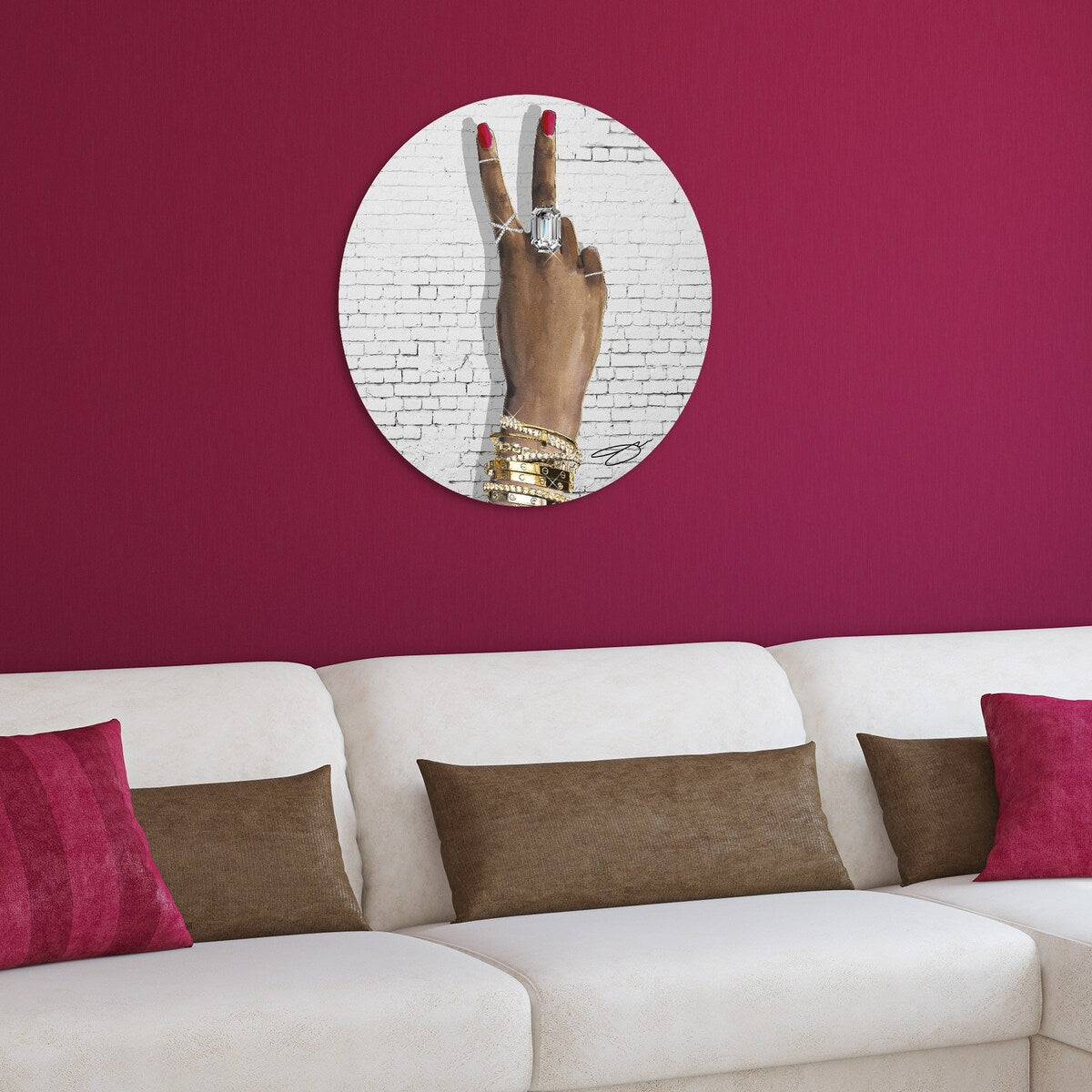 BEE U T F L Frameless Free Floating Tempered Glass Round Wall Art - 24x24 Inch Modern Home Decor for Living Room, Bedroom & Office - Hand Gesture Graphic Design for Contemporary Interior Spaces