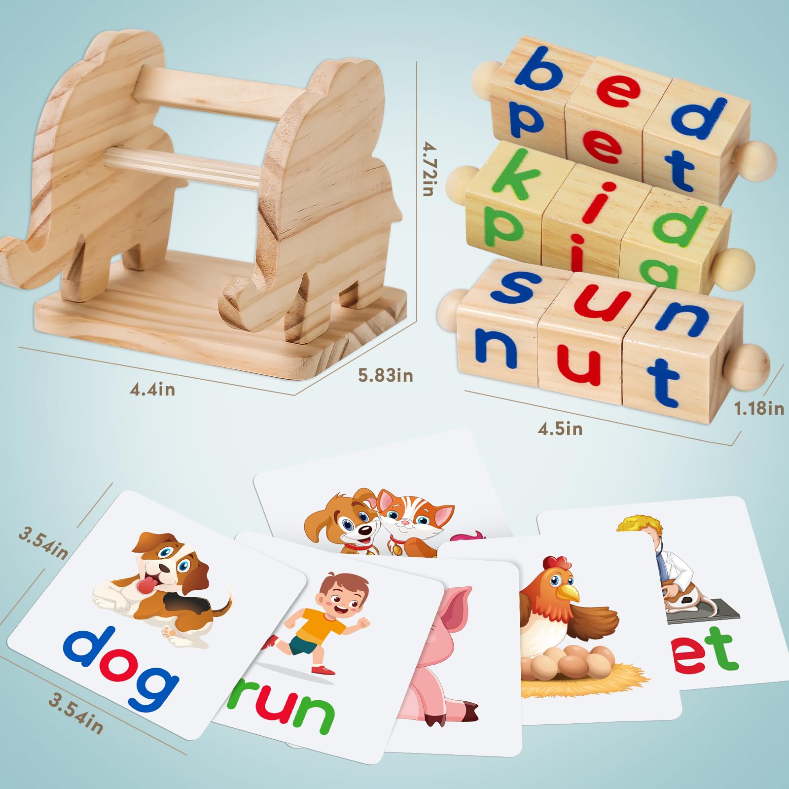Montessori Wooden Reading Blocks & Flash Card Games - Educational Learning Toys for Kids Ages 3-5, Preschool Kindergarten Activities, Alphabet Matching Rotating Letter Blocks (Perfect for Homeschooling & Early Childhood Development)