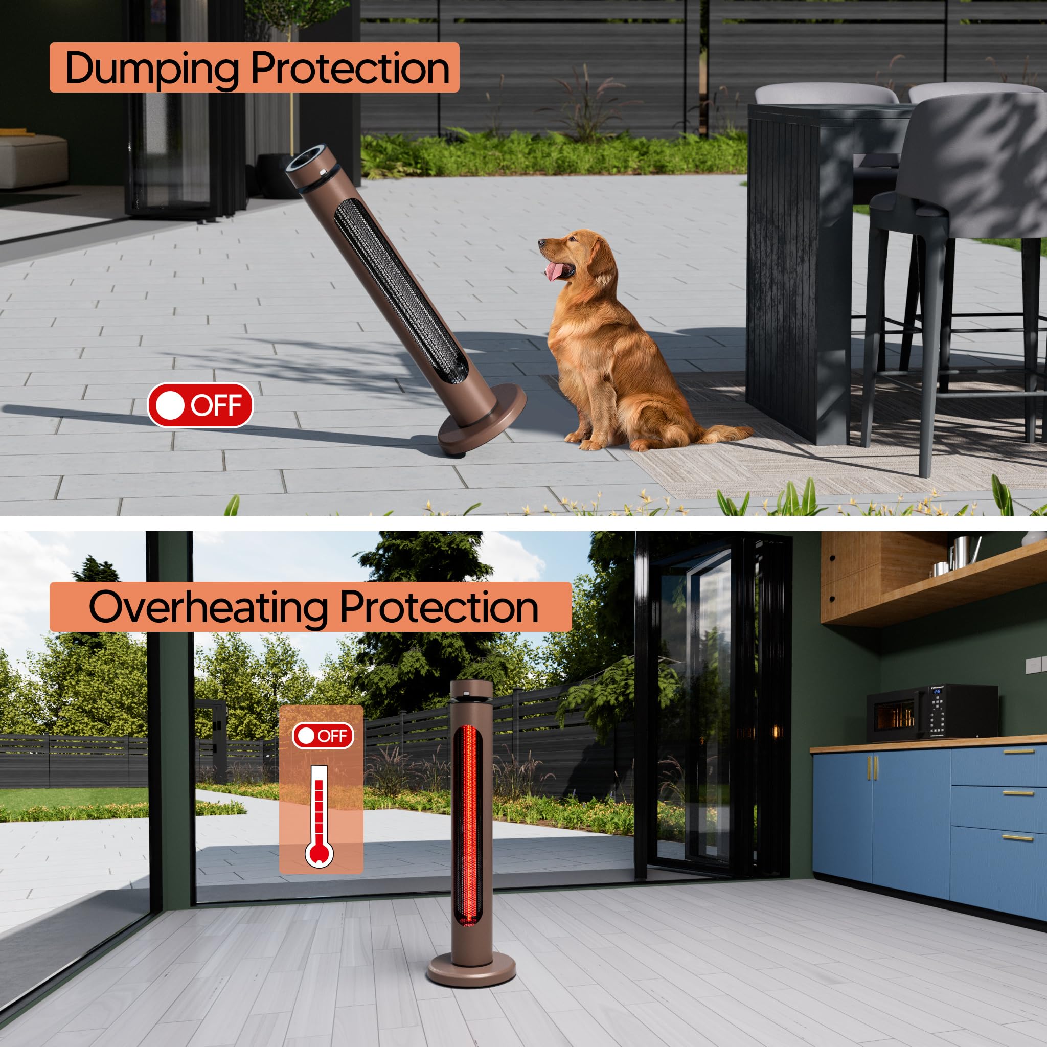 1500W Portable Outdoor Infrared Heater with 8 Heat Levels & 8H Timer - Carbon Fiber Tube Patio Heater with Tip-Over & Overheat Protection - IP65 Waterproof Electric Garden Heater (Brown) - Perfect for Patio, Deck, Garage, and Camping Use