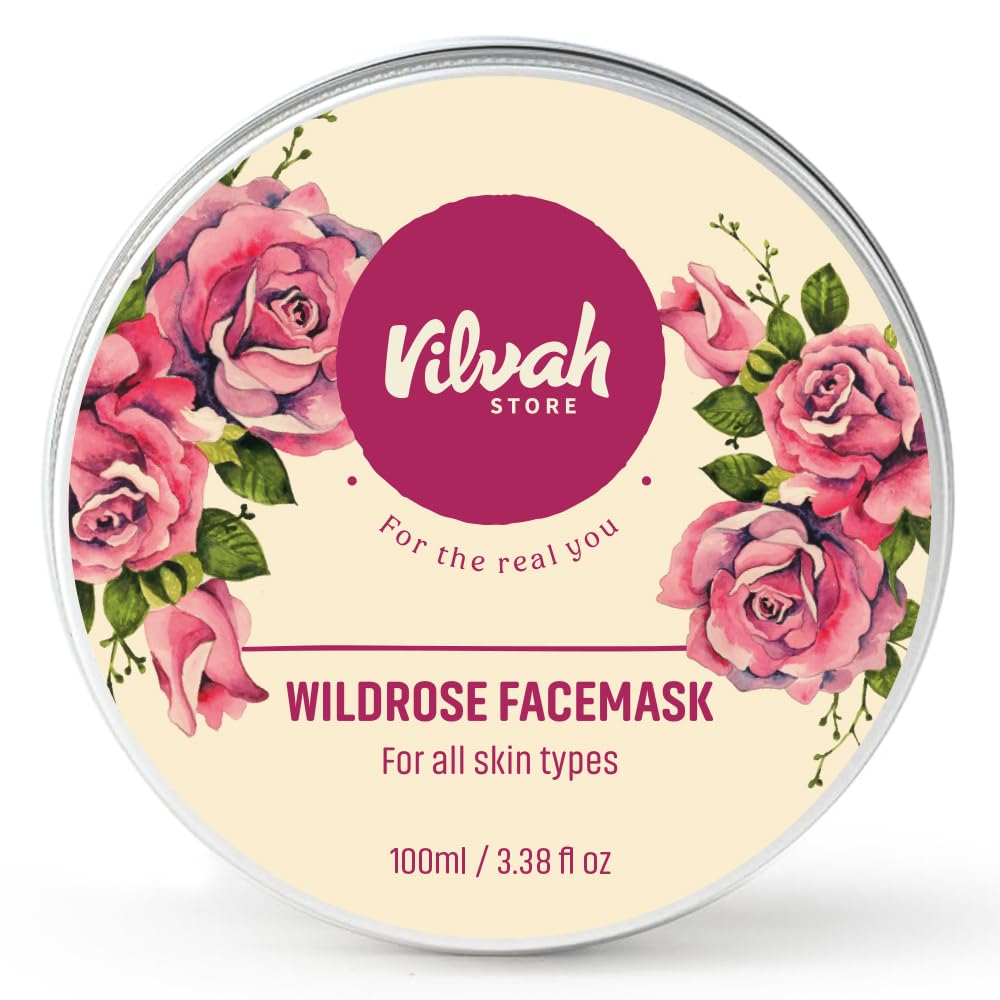 Vilvah Store Wild Rose Face Mask for Glowing Skin - Brightening Treatment with Aloe Vera & Rose Water | Enriched with French Pink Clay | All Skin Types | Unisex 100g | Perfect for Spa Nights & Self-Care Routines