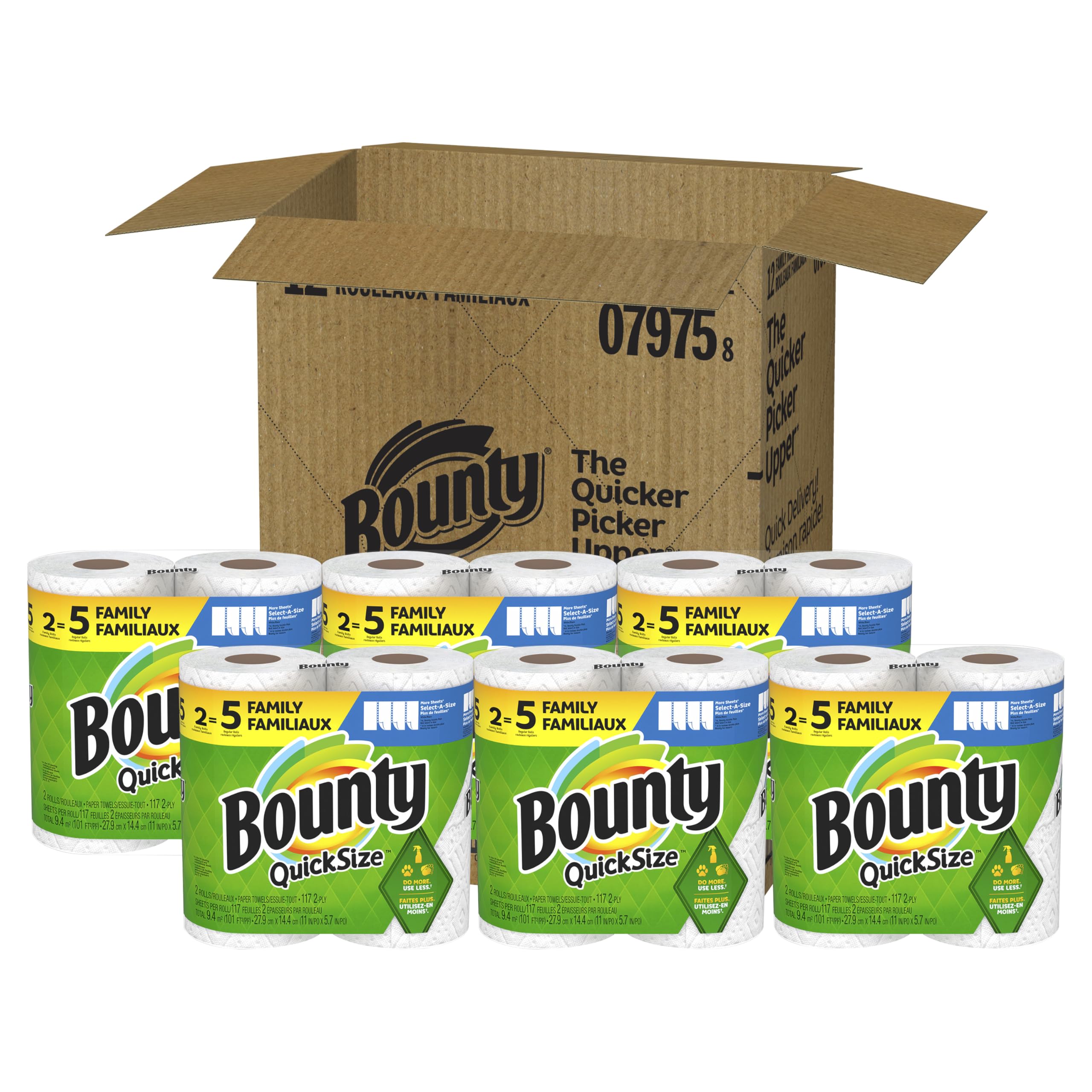 Bounty Quick-Size Paper Towels | White | 12 Family Rolls (30 Regular Rolls) | Ultra Absorbent for Kitchen, Spills & Cleaning