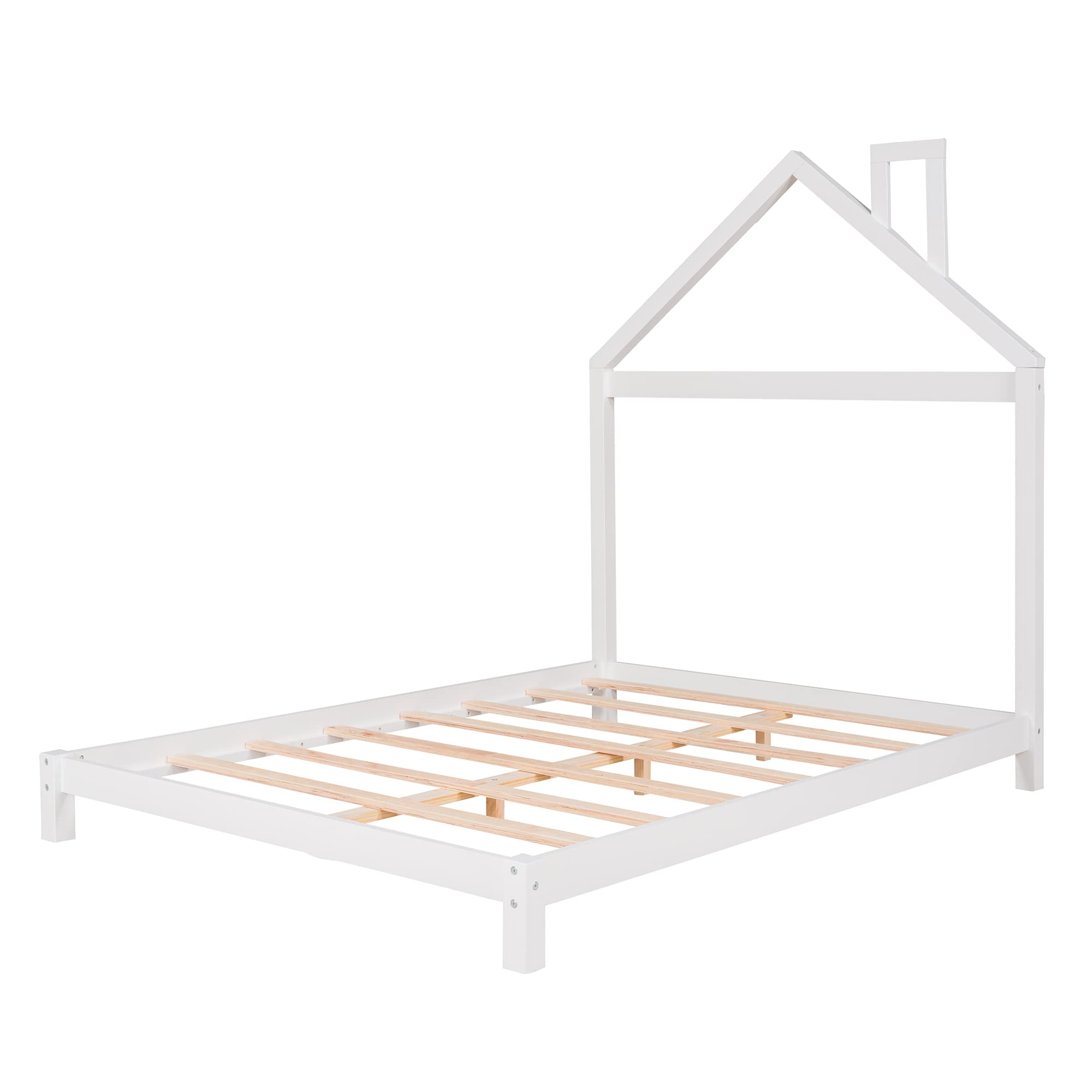 Full Size House Platform Bed Frame with Headboard - Sturdy Mattress Foundation, No Box Spring Needed, Easy Assembly, White - Perfect for Modern Bedrooms, Guest Rooms & Small Spaces