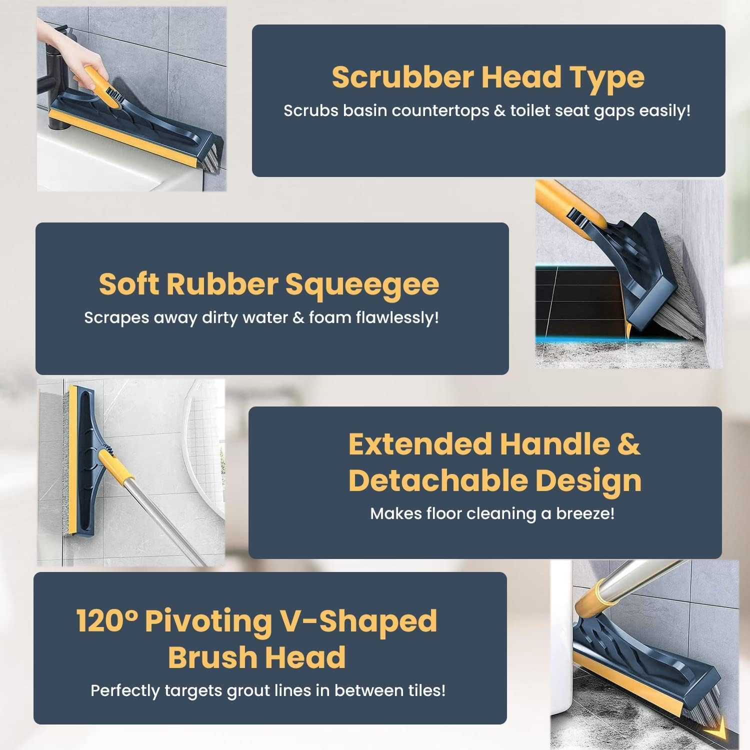 2-in-1 Bathroom Cleaning Brush with Wiper & Long Handle - 120° Rotating Tile & Floor Scrub Brush for Shower, Bathtub & Hard Surfaces - Home Cleaning Tool (Yellow & Silver) - Perfect for Deep Cleaning Grout, Corners & Hard-to-Reach Areas