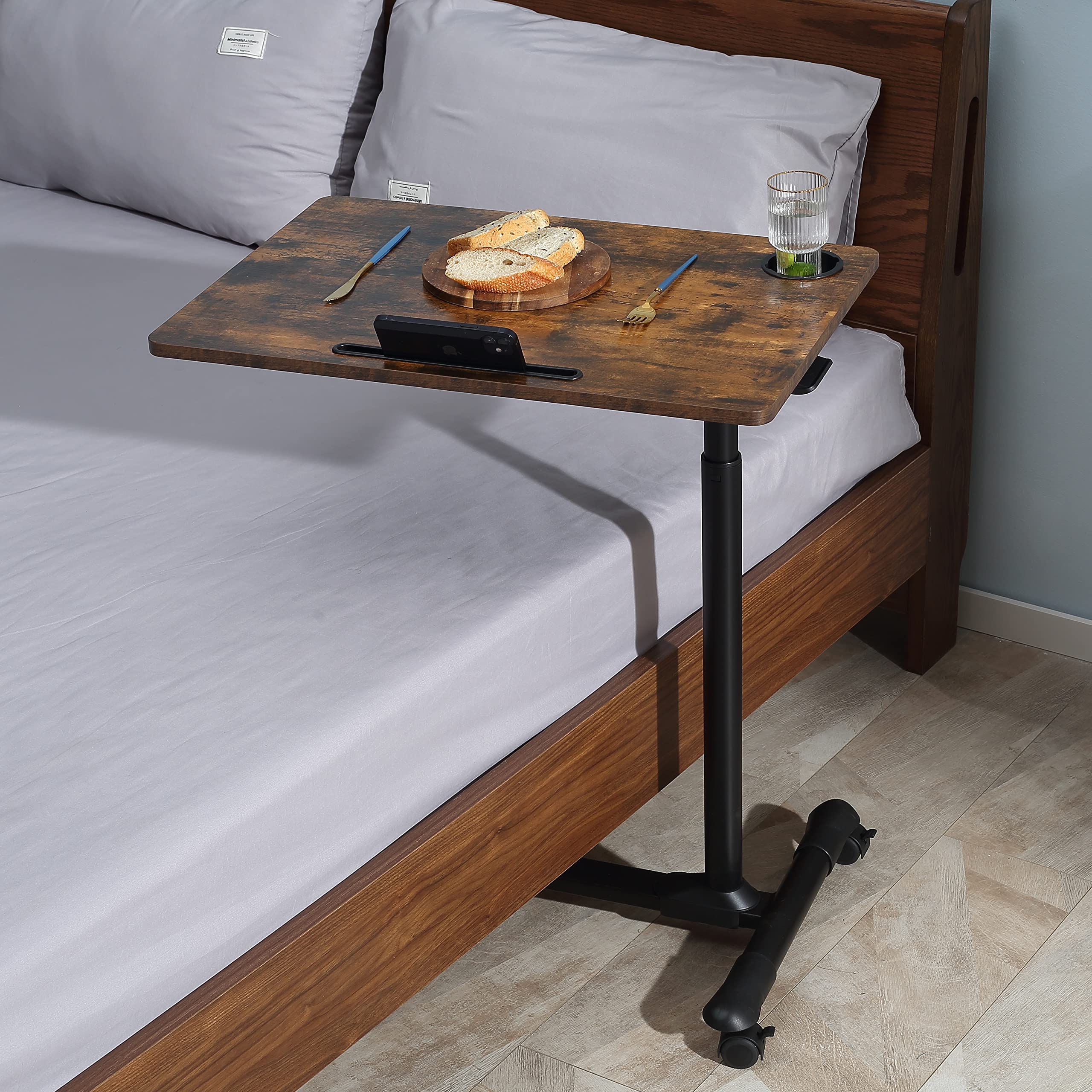 ETHU Adjustable Overbed Table with Wheels - Rolling Hospital Bedside Table for Laptop, Meals & Medical Use - Portable Tray Table for Home, Nursing & Patient Care