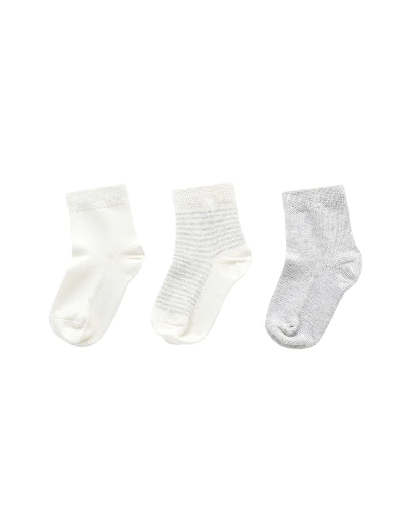 Purebaby Essentials 3-Pack Baby Socks - Soft Cotton Grey & White for Newborns & Infants - Perfect for Daily Wear, Playtime & Gift Giving