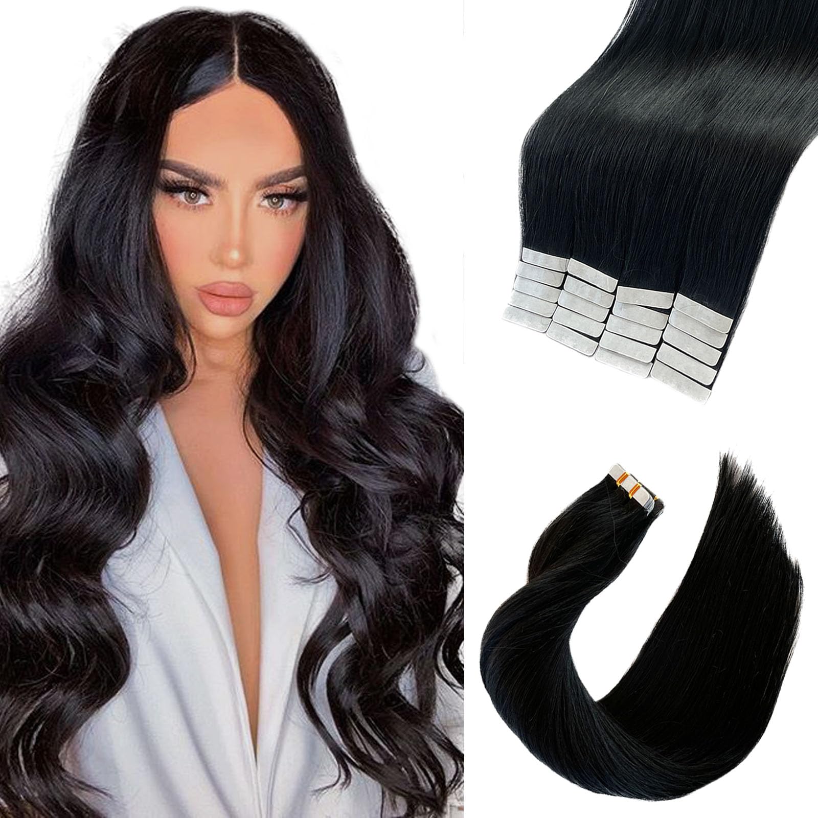20-Piece Jet Black Tape-In Human Hair Extensions – 12 Inch, 50g, Invisible & Natural Look for Styling & Volume | Perfect for Parties, Weddings & Everyday Wear