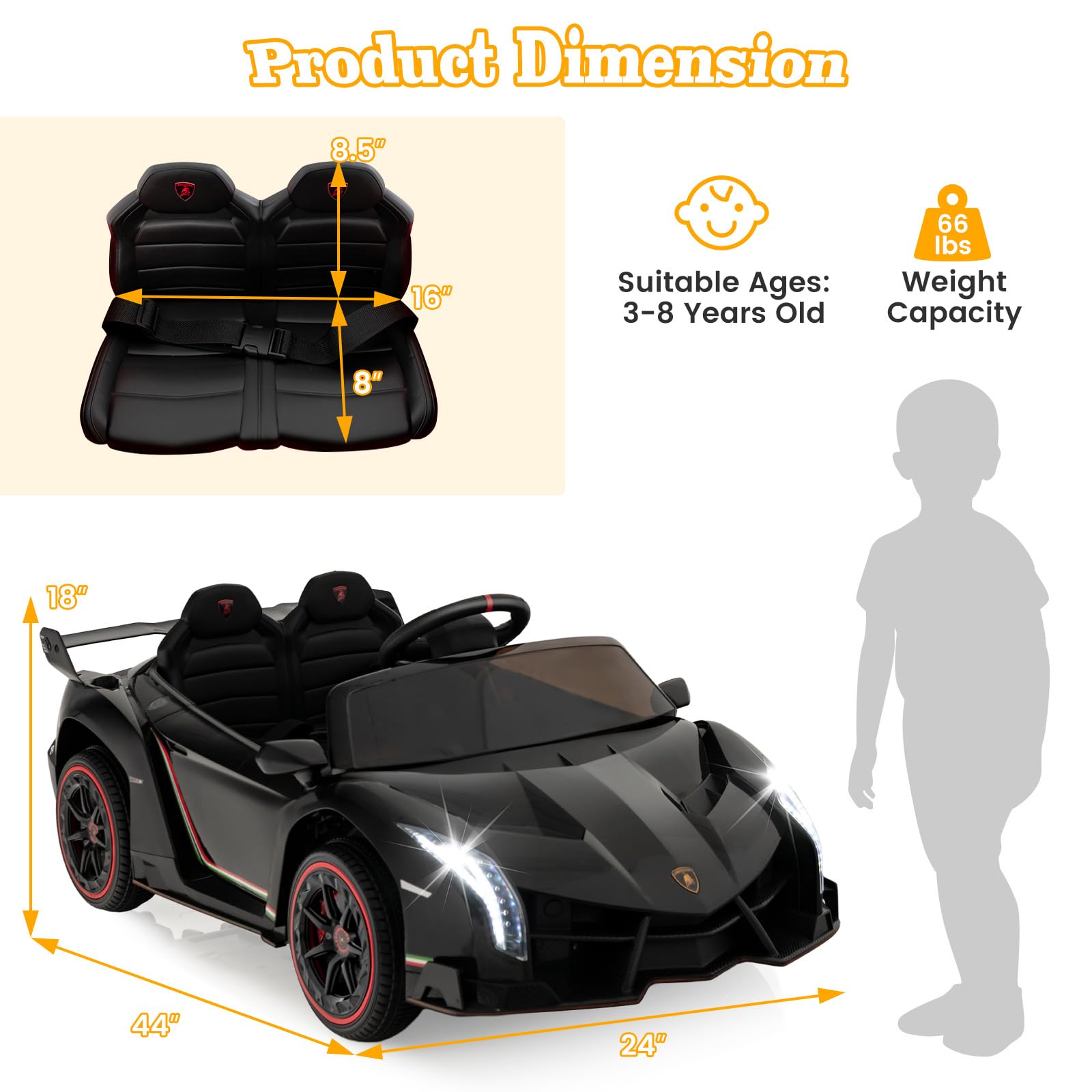 Costzon Licensed Lamborghini 12V Kids Electric Ride-On Car - 4WD Remote Control Sports Vehicle with 3 Speeds, Hydraulic Doors & LED Lights | Perfect Birthday Gift for Boys & Girls Ages 3-8 | Outdoor Play, Backyard Fun & Pretend Driving Adventures