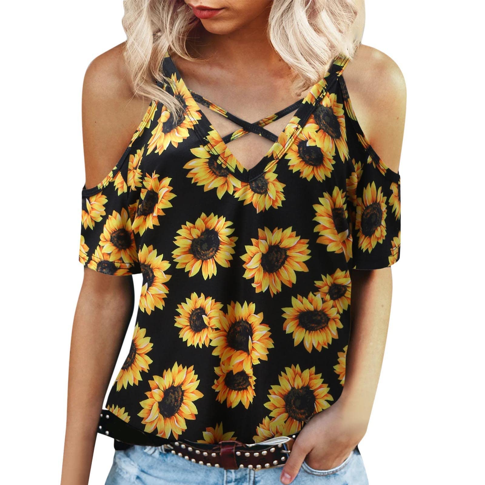 Women's Cold Shoulder Tops Casual Short Sleeve T-Shirts Sunflower Print V-Neck Comfortable Shirts Lightweight Blouses for Summer Outfits, Beach Wear & Casual Date Nights