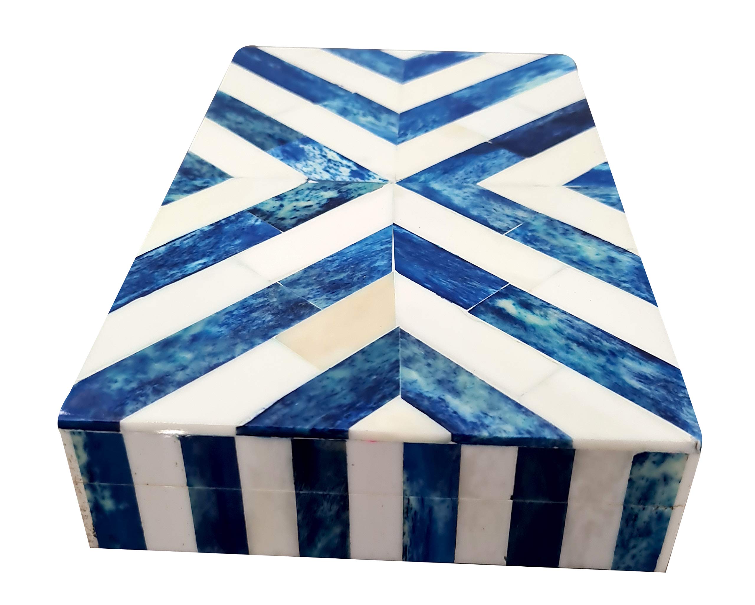 Handcrafted Blue & White Chevron Bone Inlay Jewelry Box - Decorative Keepsake Storage Organizer for Rings, Necklaces & Valuables | Perfect for Home Décor, Gift Giving & Travel Jewelry Case