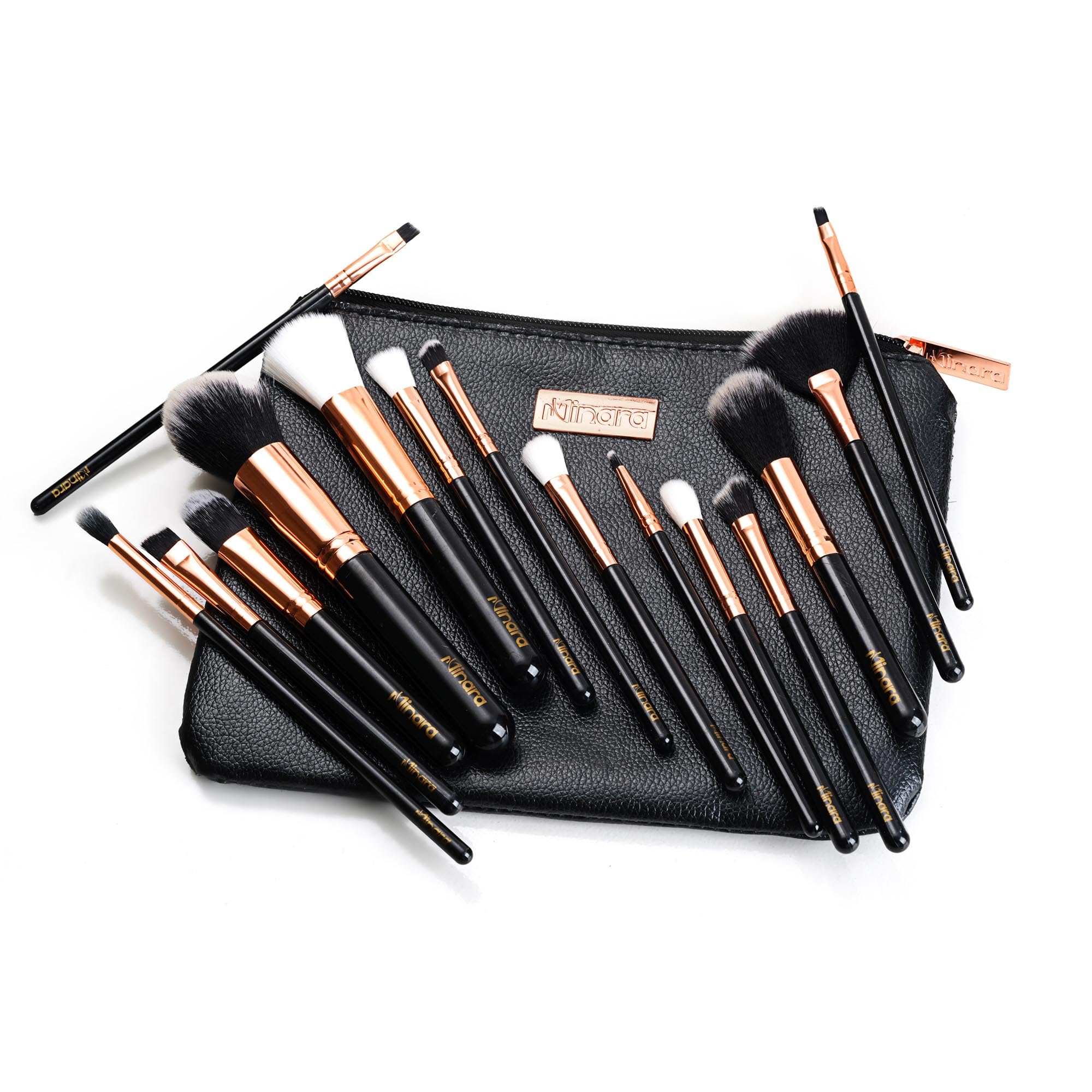 Minara 15-Piece Makeup Brush Set with Travel Pouch (Black) - Professional Foundation, Eyeshadow & Blending Brushes for Women | Portable Cosmetic Brush Kit with Storage Case | Perfect for Travel, Home Makeup & Professional Use