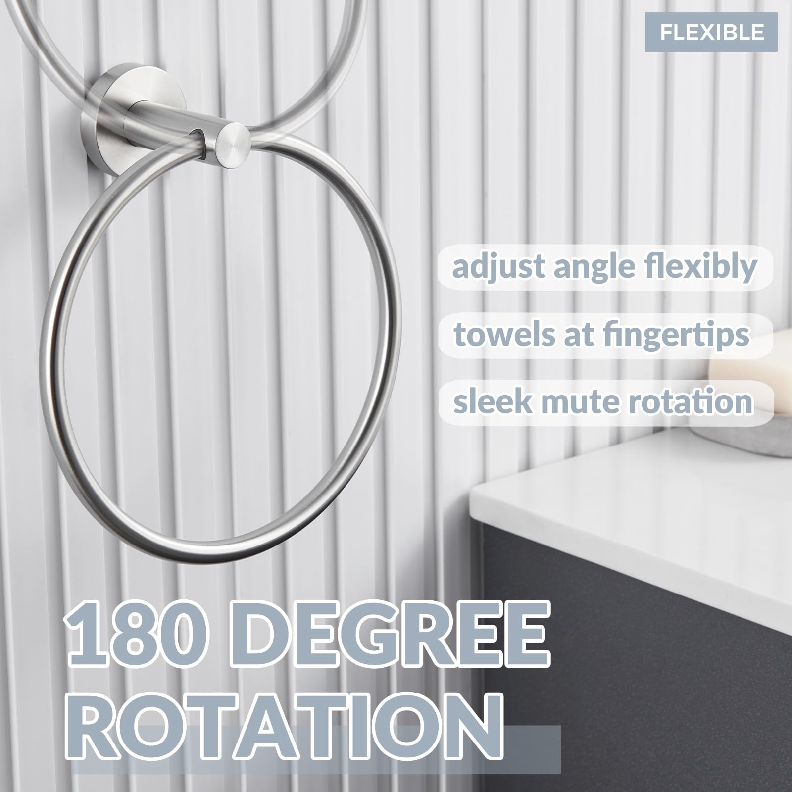APLusee Brushed Nickel Towel Ring - 304 Stainless Steel Wall Mounted Hand Towel Holder for Bathroom & Kitchen - Single Round Swivel Hanger - Perfect for Small Spaces & Guest Bathrooms