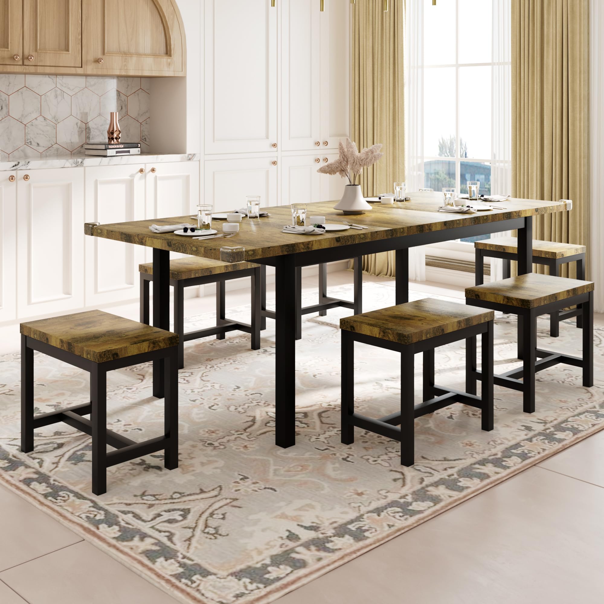 Feonase 7-Piece Extendable Dining Table Set with 6 Stools - 63