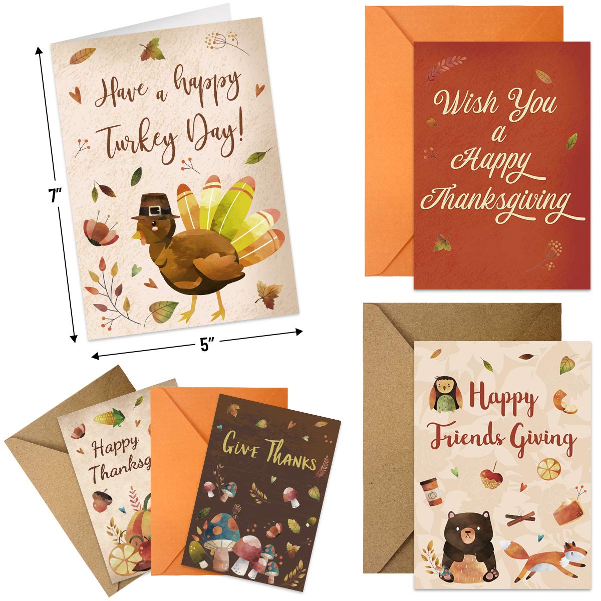 12 Thanksgiving Greeting Cards with Envelopes - 5x7 Inch Blank Inside Cards for Kids, Adults, Friends & Family - Perfect for Thanksgiving Wishes, Classroom Activities & Holiday Gifting