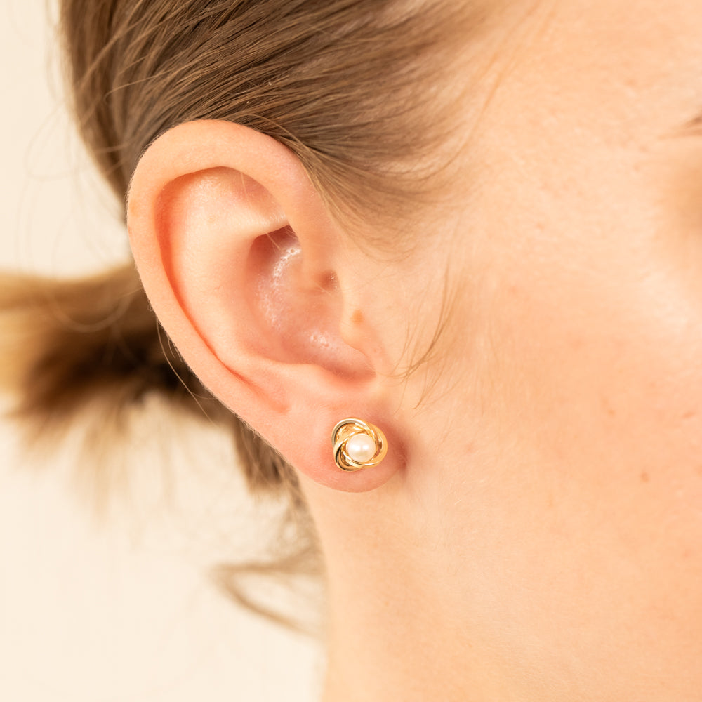 9ct Yellow Gold 4mm Freshwater Pearl Knot Stud Earrings - Elegant Pearl Jewelry for Women, Perfect for Weddings, Parties & Everyday Wear