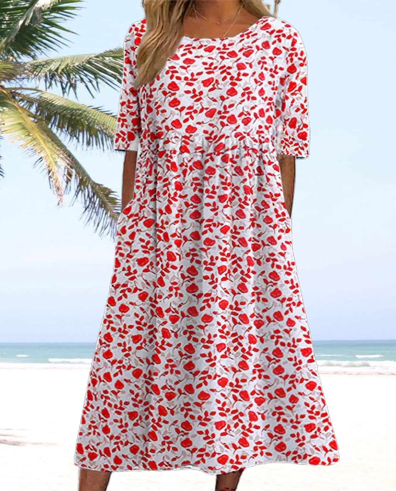 **Boho Floral T-Shirt Dress for Women - Casual A-Line Midi Summer Dress with Pockets | Perfect for Beach, Vacation & Everyday Wear**