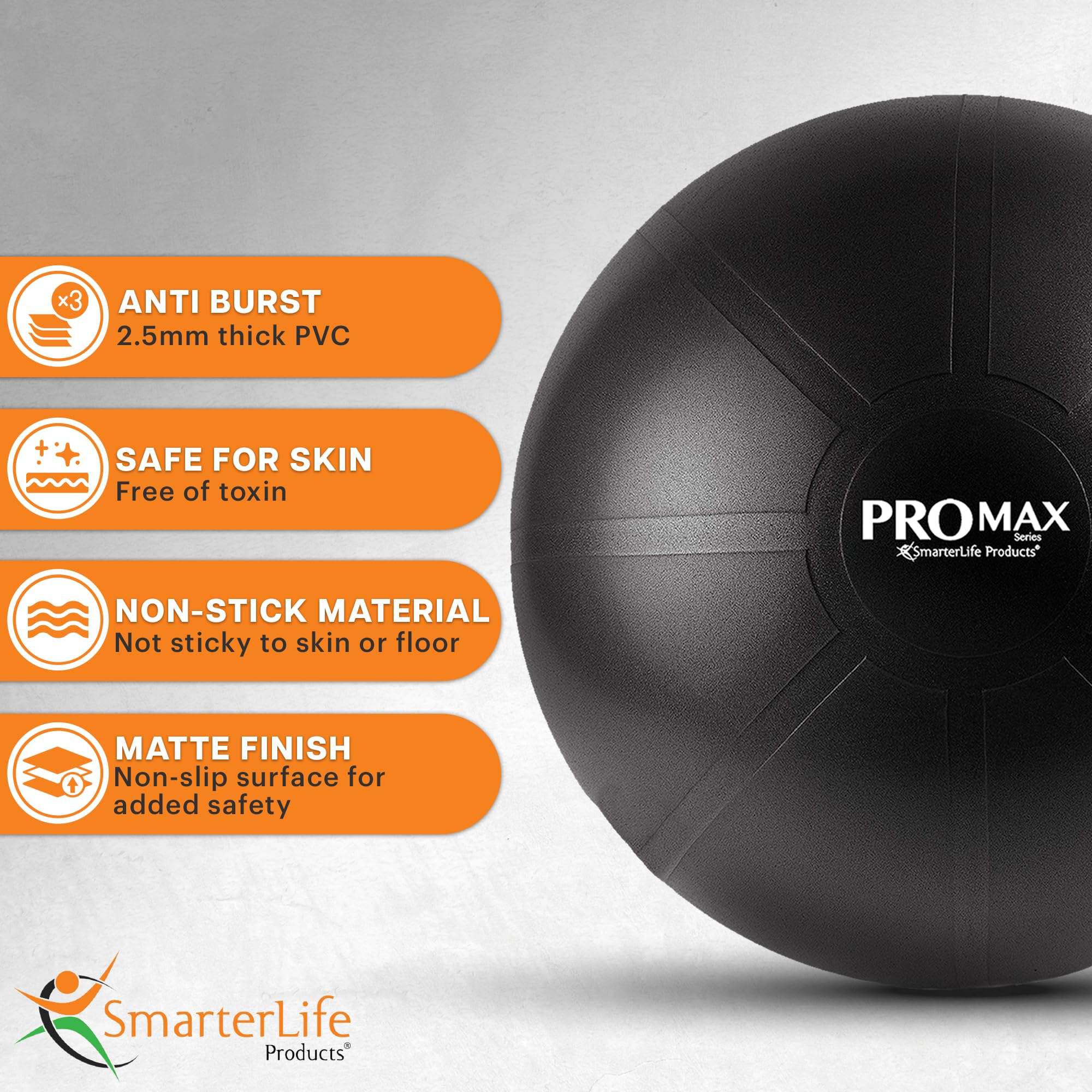 SmarterLife PRO MAX Exercise Ball - Anti-Burst Yoga Ball for Fitness, Workouts, Stability & Balance Training, Pregnancy & Labor Support - Perfect for Home Gym, Office Chair, Yoga, Pilates & Physical Therapy