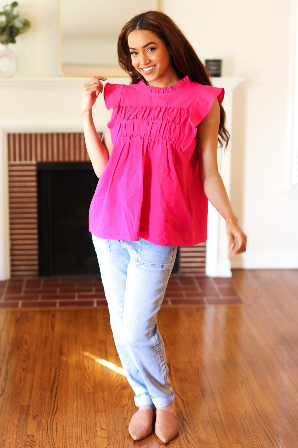 Stylish Fuchsia Cotton Mock Neck Flutter Sleeve Top for Women | Elegant Frill Details | Perfect for Date Nights & Summer Outfits