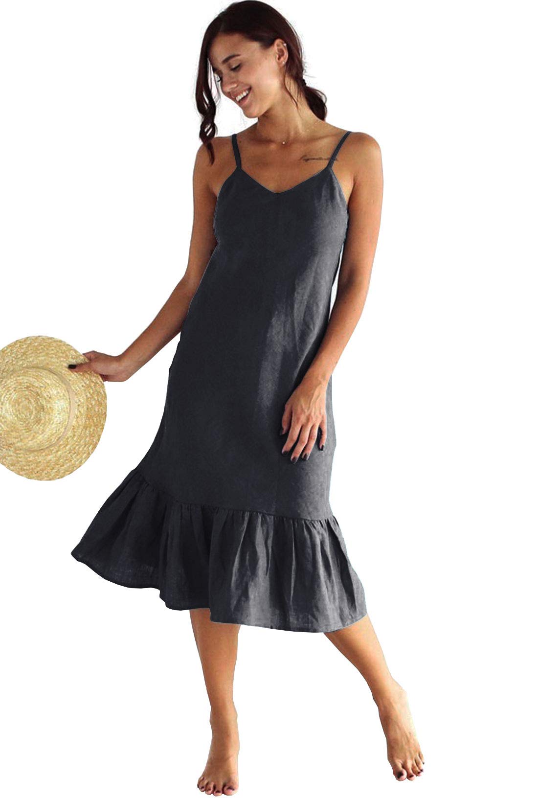 SHENBOLEN Women's Denim Suspender Dress with Ruffle Trim - Casual A-Line Midi Dress Knee Length for Spring Summer Outfits | Perfect for Brunch, Date Night & Office Wear
