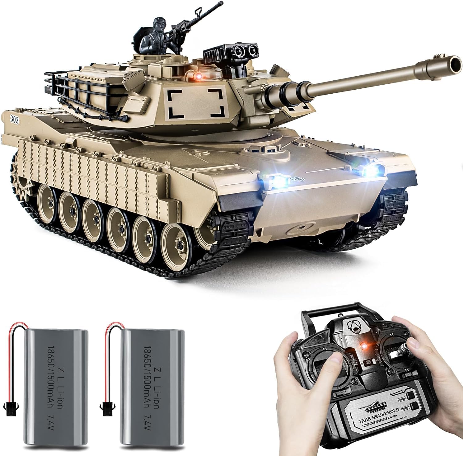 1:18 Scale M1A2 Abrams RC Tank - 2.4GHz Remote Control Military Vehicle with Smoke, Light & Sound Effects | 15-Channel Battle Tank Shoots BBs & Water Bombs | Realistic Army Toy for Adults & Kids | Outdoor Play, Collectible Display & War Simulation