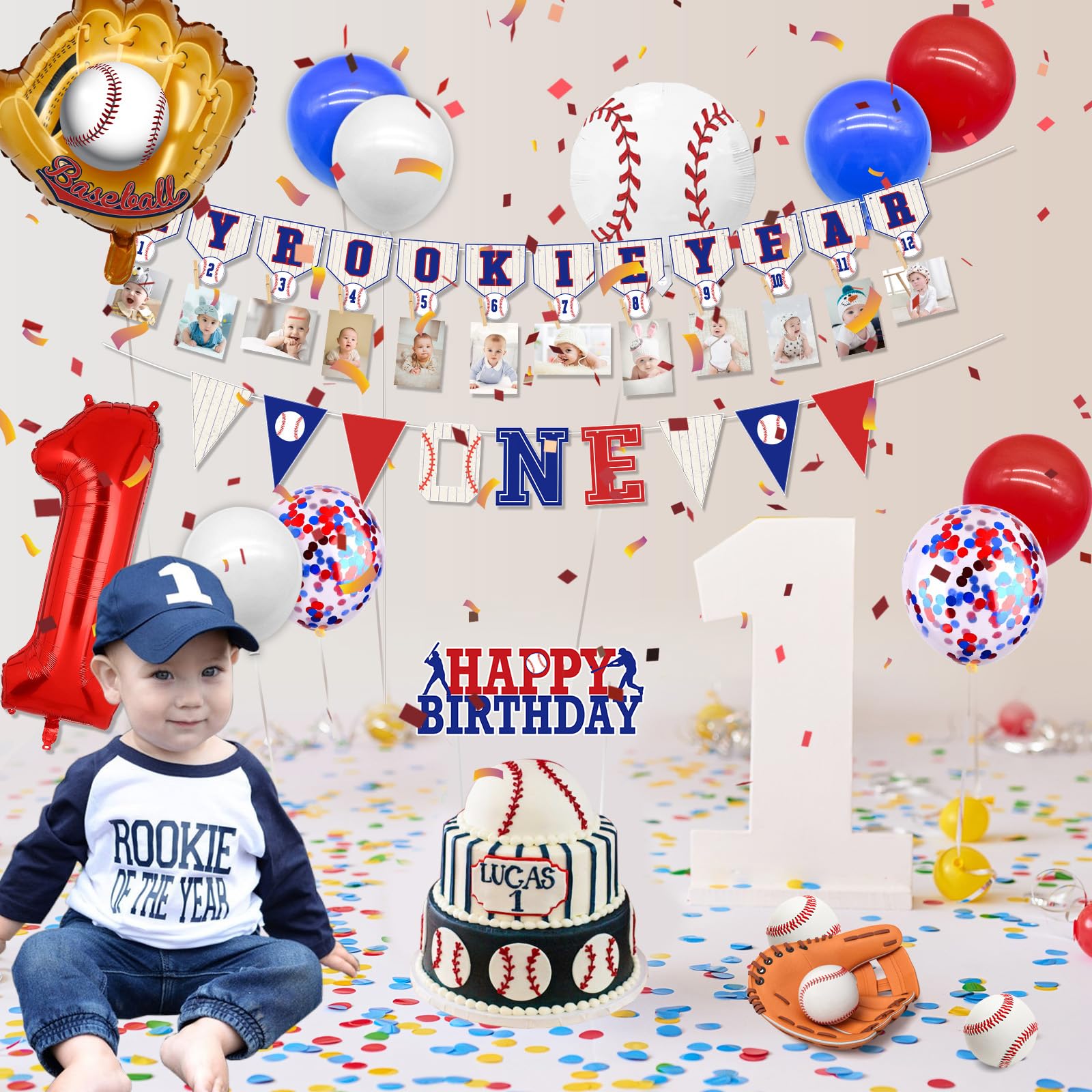 Baseball 1st Birthday Decorations - First Year Photo Banner & My Rookie Year Banner for Boys | Baby's First Birthday Party Supplies | Perfect for Baseball Theme Birthday Parties, Baby Showers & Milestone Celebrations