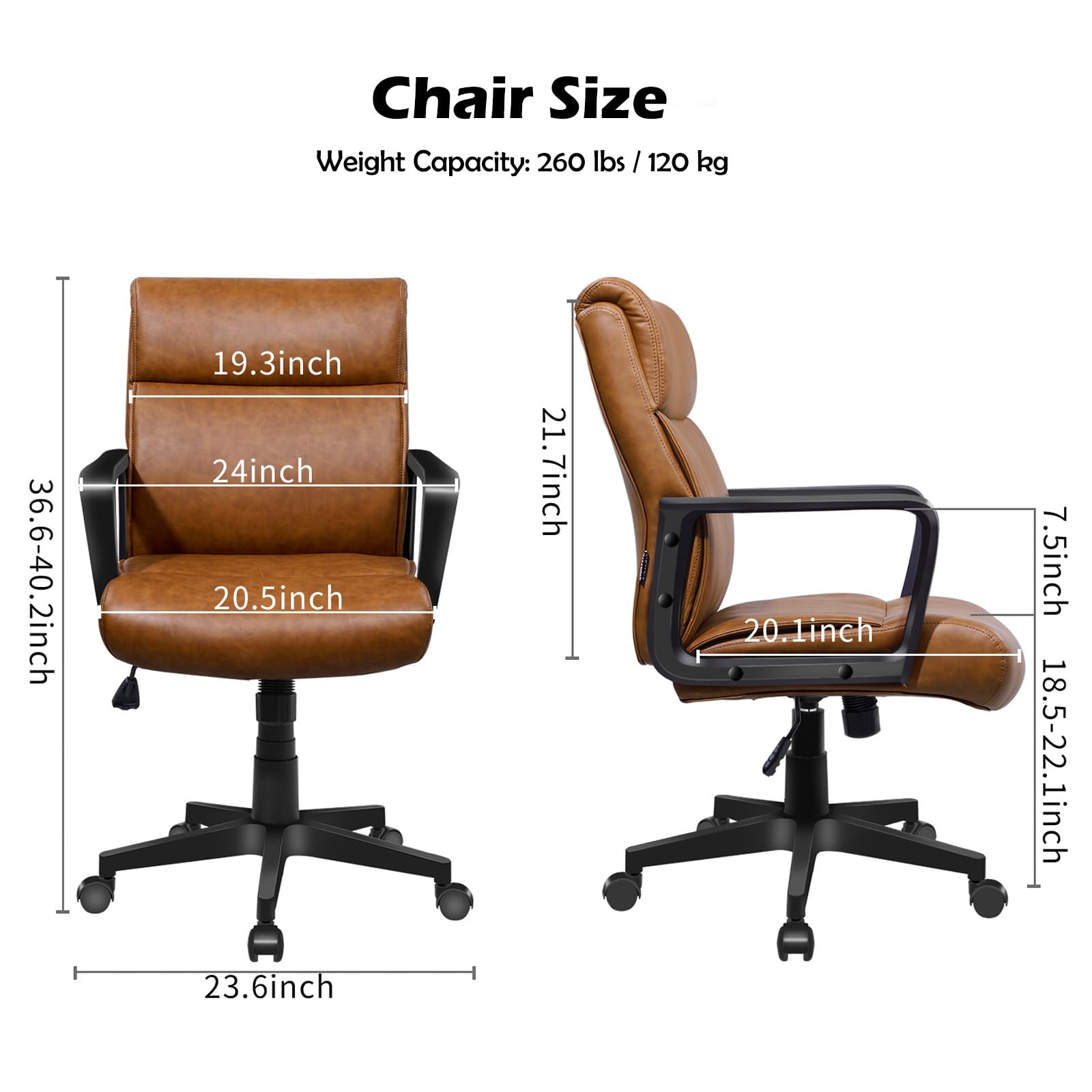 Premium Brown Leather Office Chair with Wheels - Mid Back Ergonomic Desk Chair for Home & Office - Stylish Mid Century Modern Design for Comfortable Workspaces