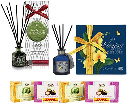 Donna Chang Lemongrass & Alluring Gardenia Reed Diffuser Set - 50ml Aromatherapy Oil for Home & Office | Free Tomato Facial Mask Included | Fast DHL Express Shipping by Thaigiftshop | Perfect for Relaxation, Stress Relief & Creating a Calming Atmosphere