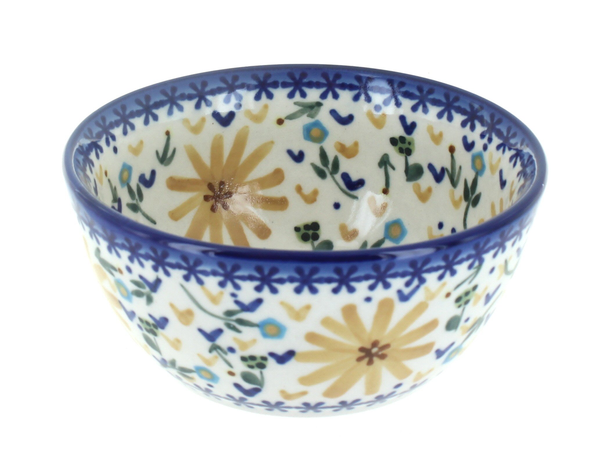 Handmade Blue Rose Polish Pottery Bowl with Yellow Daisy Design - Elegant Dessert Serving Dish for Tea Parties, Weddings & Home Decor
