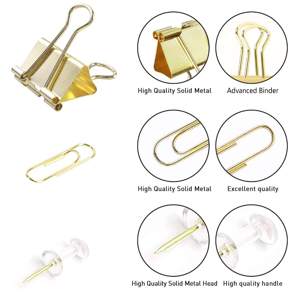 Premium Gold Paper Clips & Binder Clips Set - Assorted Metal Office Supplies with Push Pins - Elegant Desk Accessories for Organizing Documents, Photos & Notes - Perfect for Home Office, School & Workplace Organization