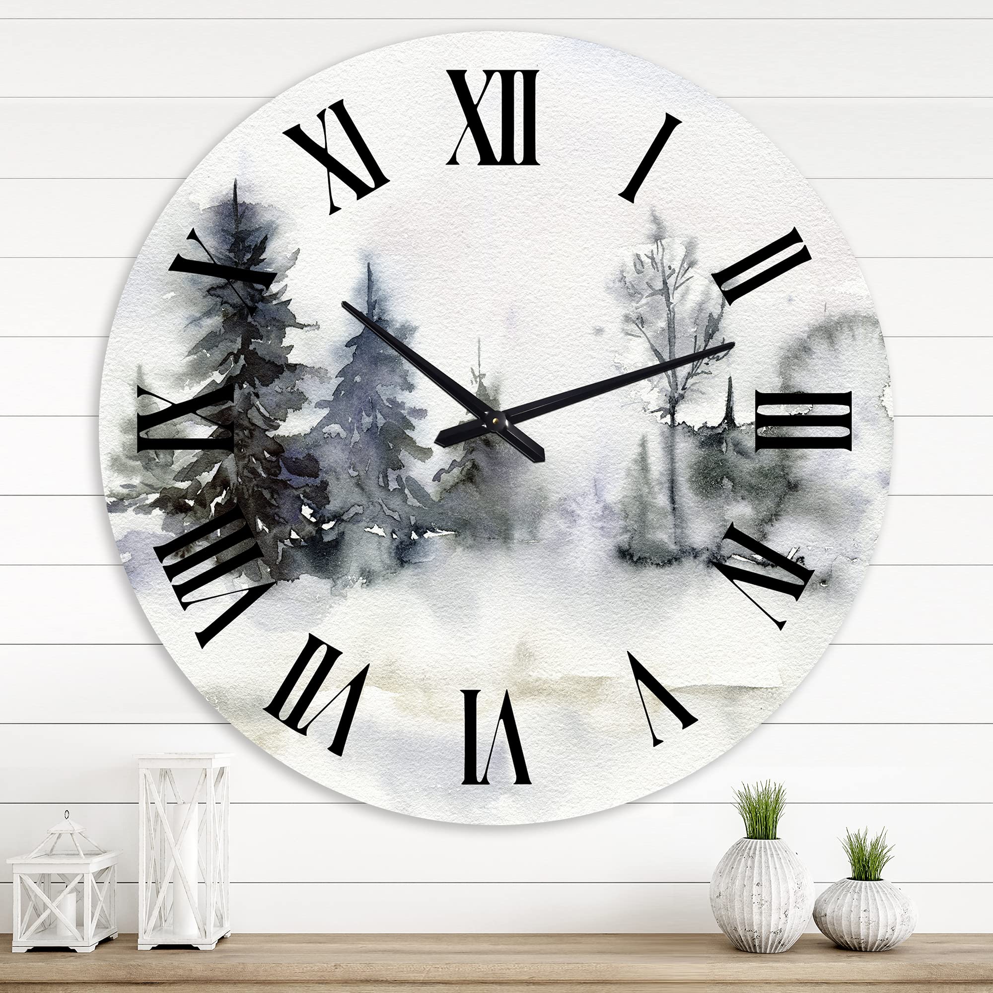 DesignQ Lake House Wall Clock - Christmas Minimalist Forest Landscape with Snow - Large Nature-Themed Wall Clock for Bedroom, Living Room & Office Decor - Perfect for Holiday Home Décor and Cozy Winter Ambiance