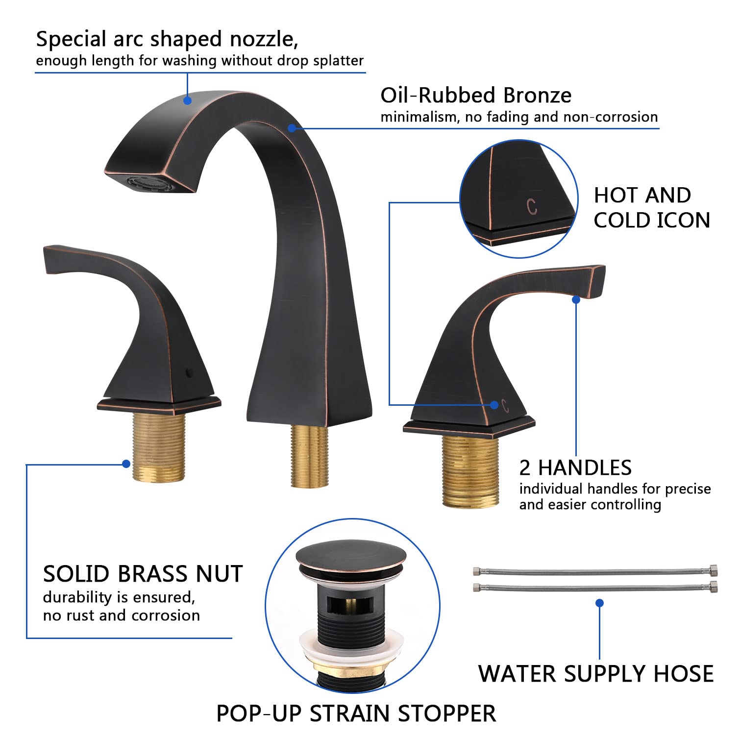 Oil Rubbed Bronze Widespread Bathroom Faucet - 2 Handle 8 Inch Brass Bathroom Sink Faucet for 3 Hole Lavatory with Pop Up Drain & Supply Lines - Perfect for Modern Bathroom Vanities & Powder Rooms