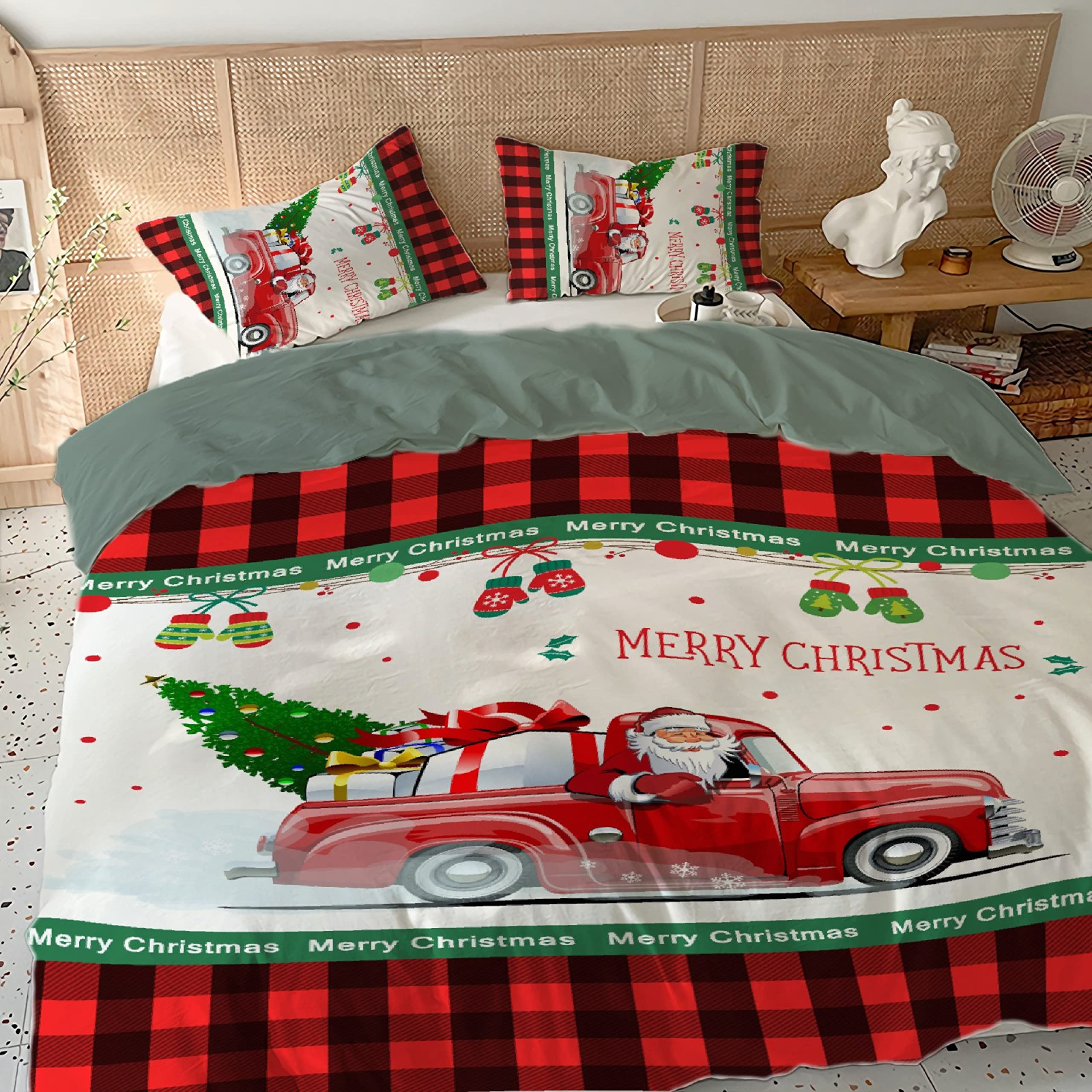 Buffalo Plaid Christmas Truck 3-Piece Duvet Cover Set (King Size) - Includes 2 Pillow Shams, Soft Microfiber Lightweight Comforter Cover with Zipper Closure - Cozy Holiday Bedding for Winter Home Decor
