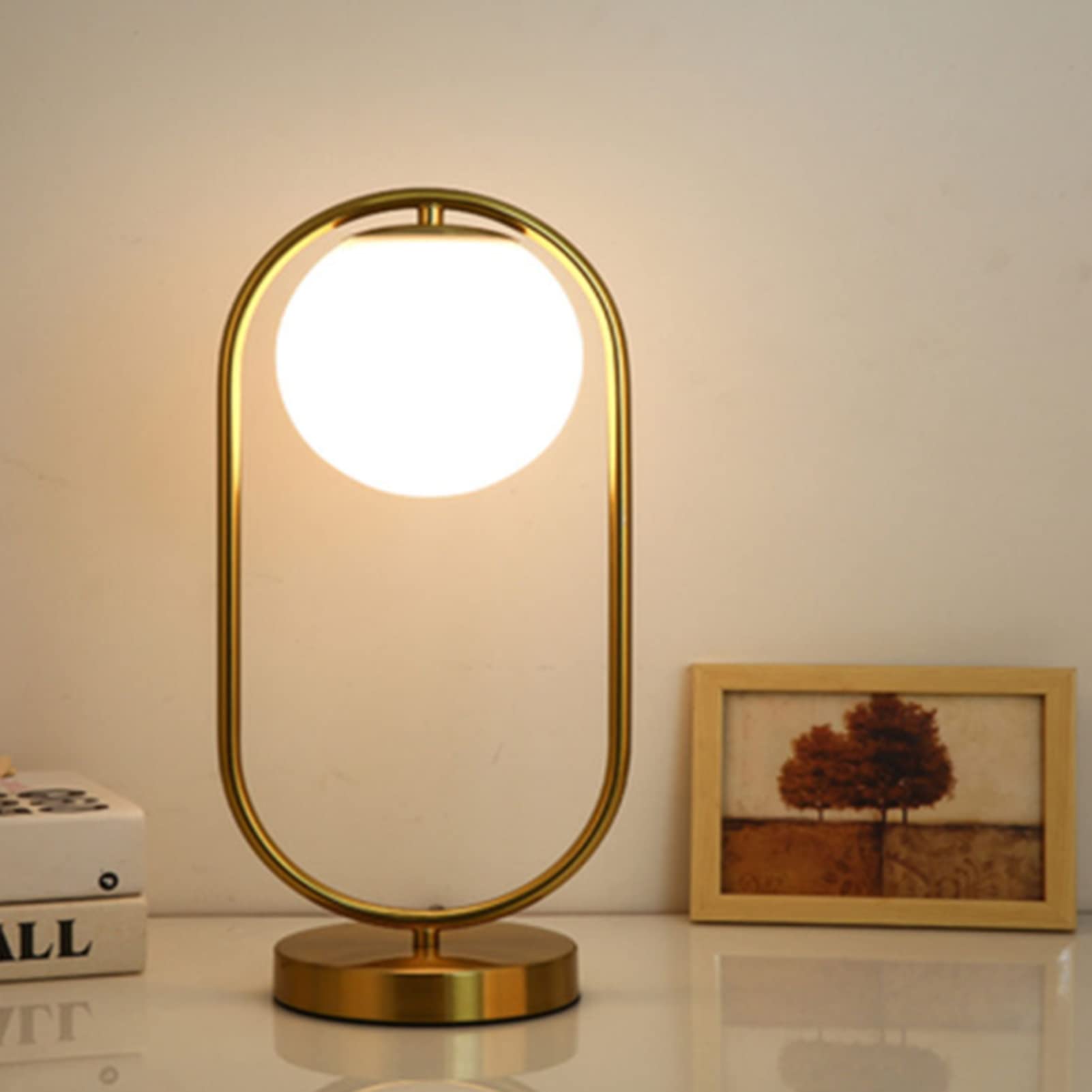 HSART Modern Gold Bedside Table Lamp with Glass Shade - E27 Base Desk Light for Reading, Bedroom, Office & Living Room - Perfect for Nightstands, Study Desks and Cozy Living Spaces