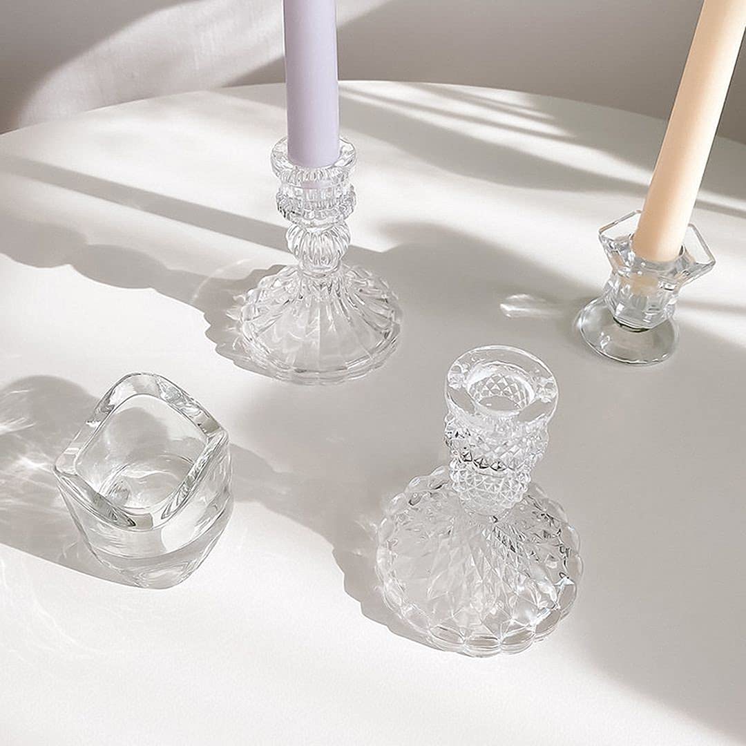ChezMax Set of 4 Clear Glass Candle Holders - Modern Nordic Style Taper & Pillar Candlestick Holders for Romantic Dinners, Wedding Decor, Holiday Centerpieces & Photo Props - Crystal Clear Home Decor