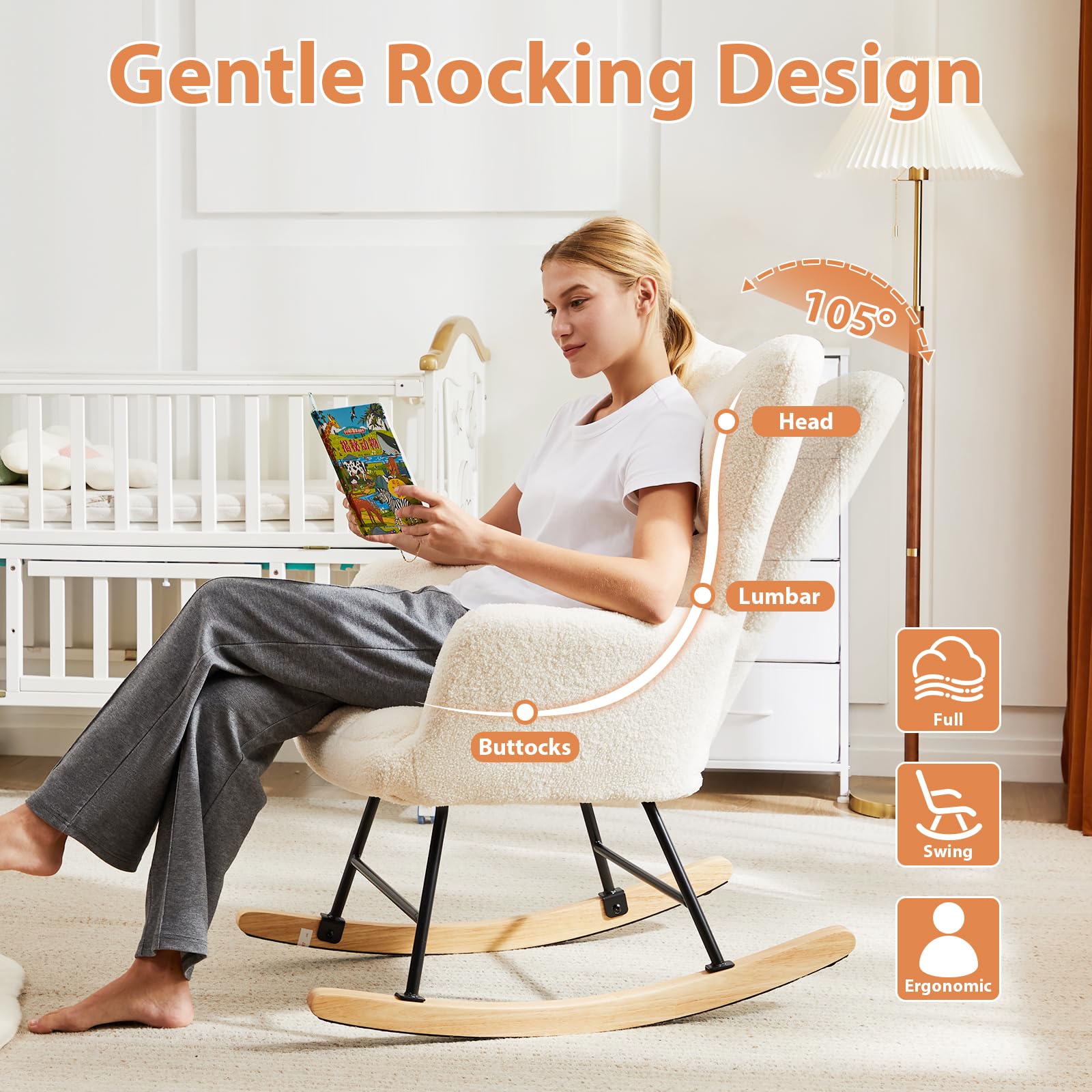 NEWBULIG Nursery Rocking Chair - Teddy Upholstered Glider Accent Armchair with High Backrest, Beige - Comfortable Rocking Chair for Nursery, Bedroom & Living Room - Perfect for Breastfeeding, Reading & Relaxing