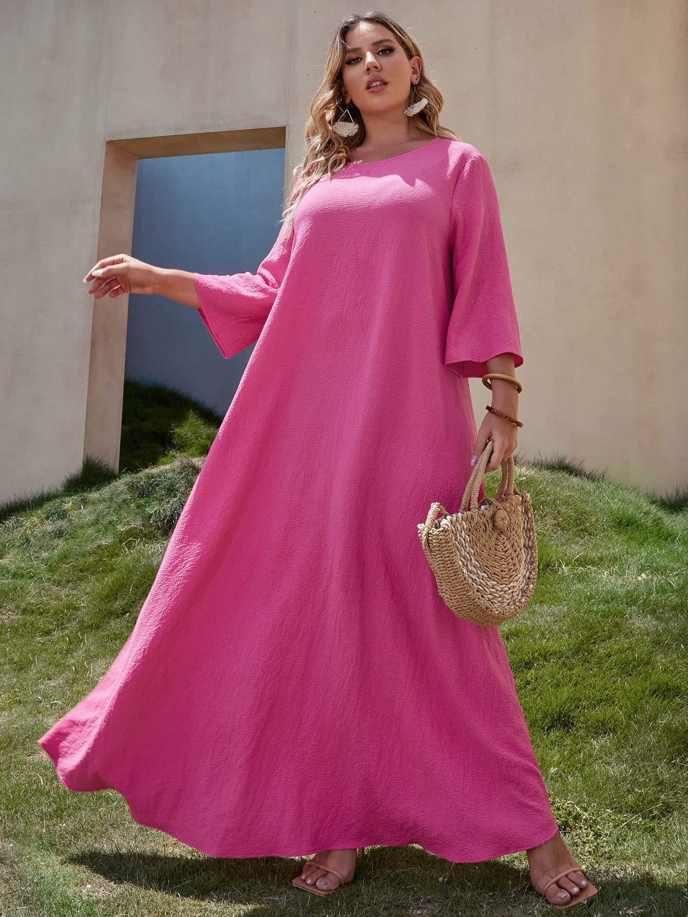 HUFFA Plus Size Women's Bell Sleeve Solid Tent Dress - Elegant Long Sleeve Maxi Dress (X-Large) | Perfect for Office, Wedding & Special Occasions