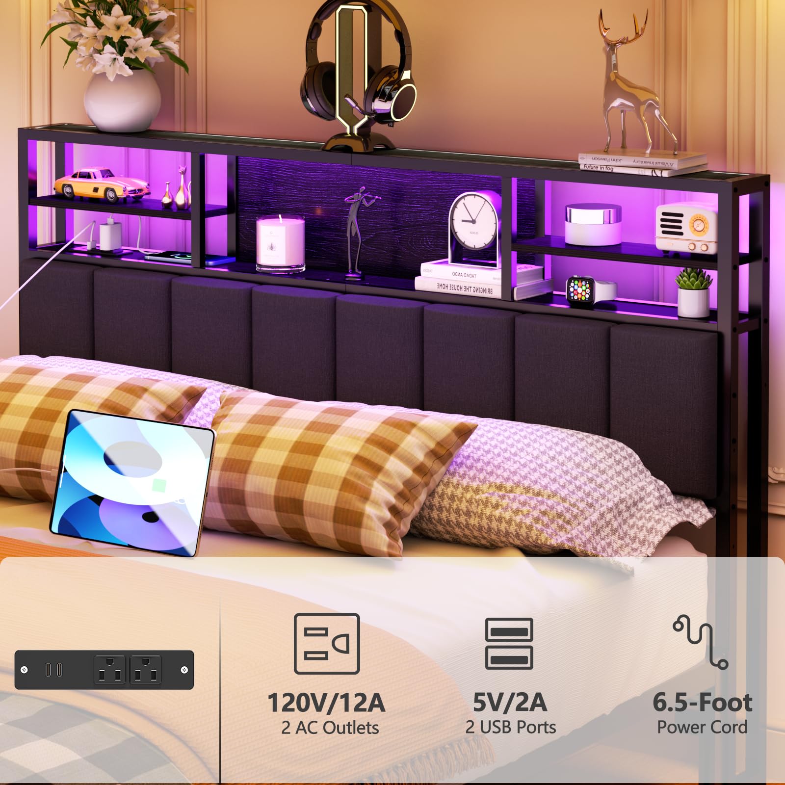 Furnulem Queen Size Bed Headboard with Storage Shelves, USB Ports & Outlets, LED Lighting - Adjustable Height, Sturdy Design with Charging Station - Perfect for Bedroom Organization & Modern Home Decor
