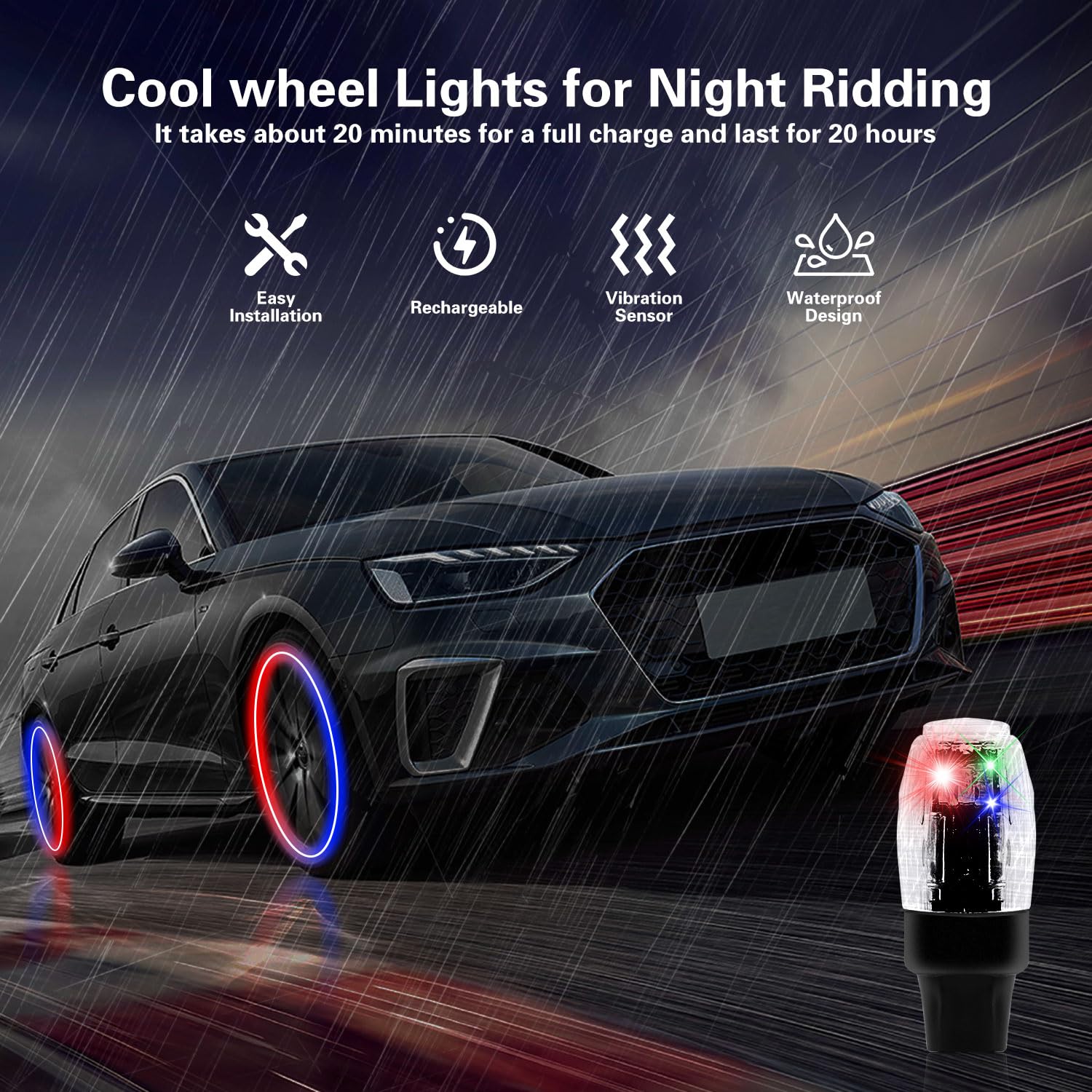 Glow in The Dark LED Tire Valve Caps - Waterproof Rechargeable for Car Bike Motorcycle - Night Safety Accessories