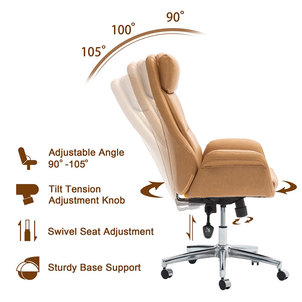 Glitzhome Modern High Back PU Leather Office Chair - Adjustable Lumbar Support Ergonomic Computer Desk Chair, Swivel Task Chair for Home & Executive Workspaces (Camel) | Perfect for Long Work Hours & Gaming Sessions