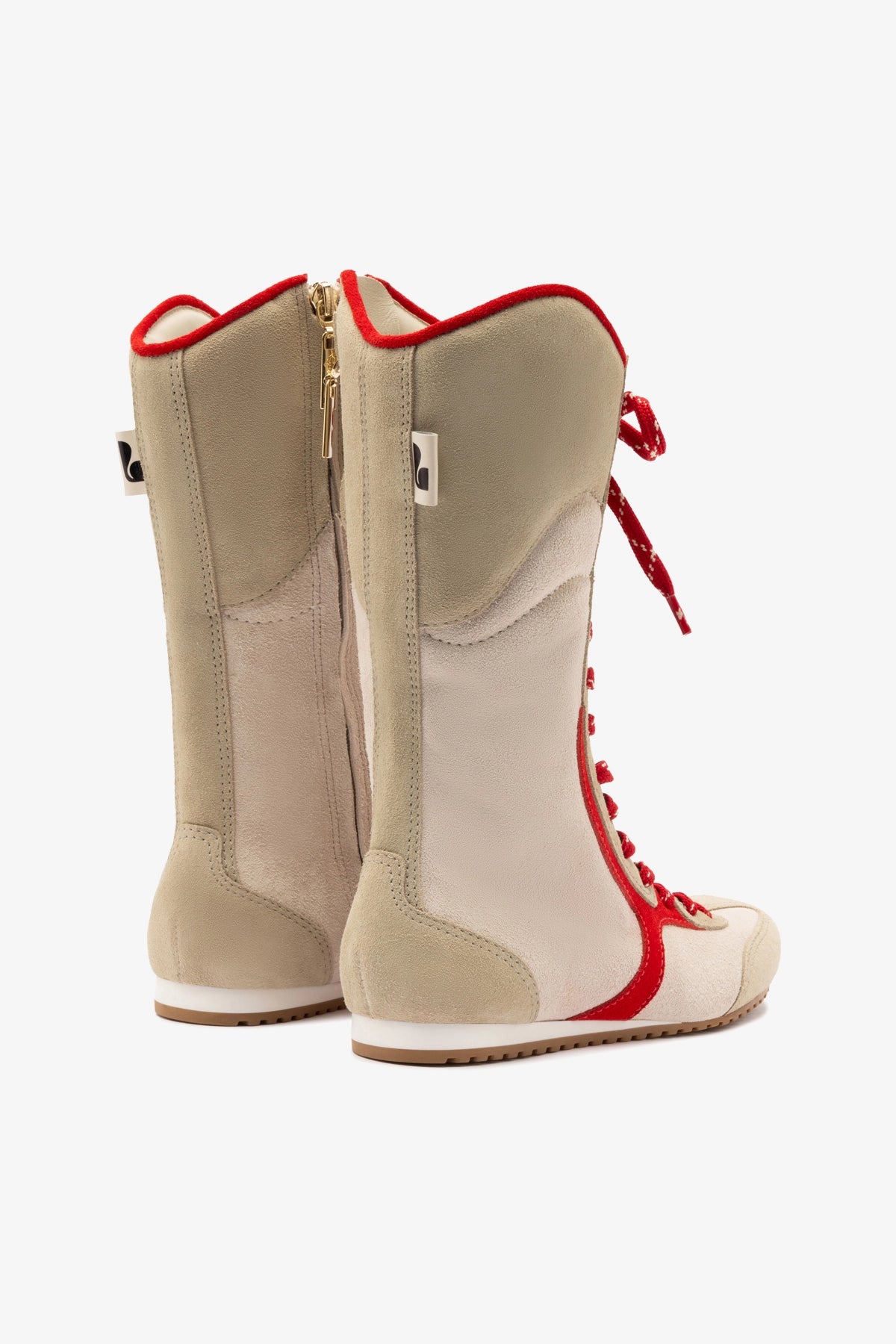 Larroudé x Jonathan Cohen Women's Flat Lo Sneaker Boot in Ivory, Oyster Grey & Scarlet Suede - Comfortable Suede Ankle Boots for Casual Wear, Work & Date Night Outfits