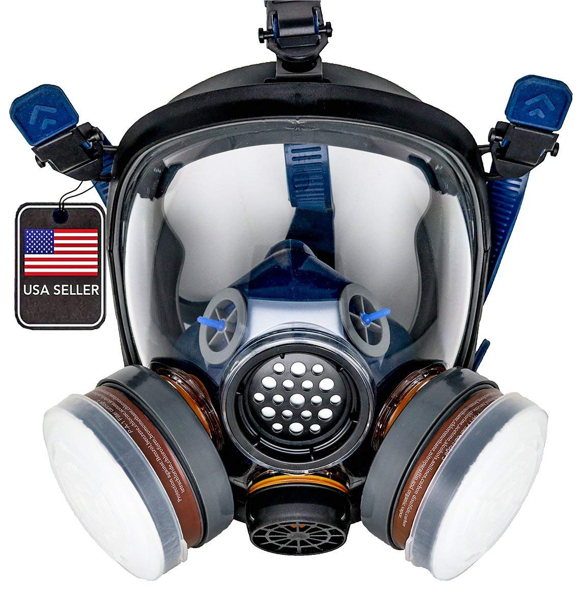 PD-100 Full Face Organic Vapor & Particulate Respirator with Dual Activated Charcoal Filters - NIOSH Certified Safety Mask for Painting, Woodworking & Chemical Handling - Full Face Protection with Anti-Fog Eye Shield