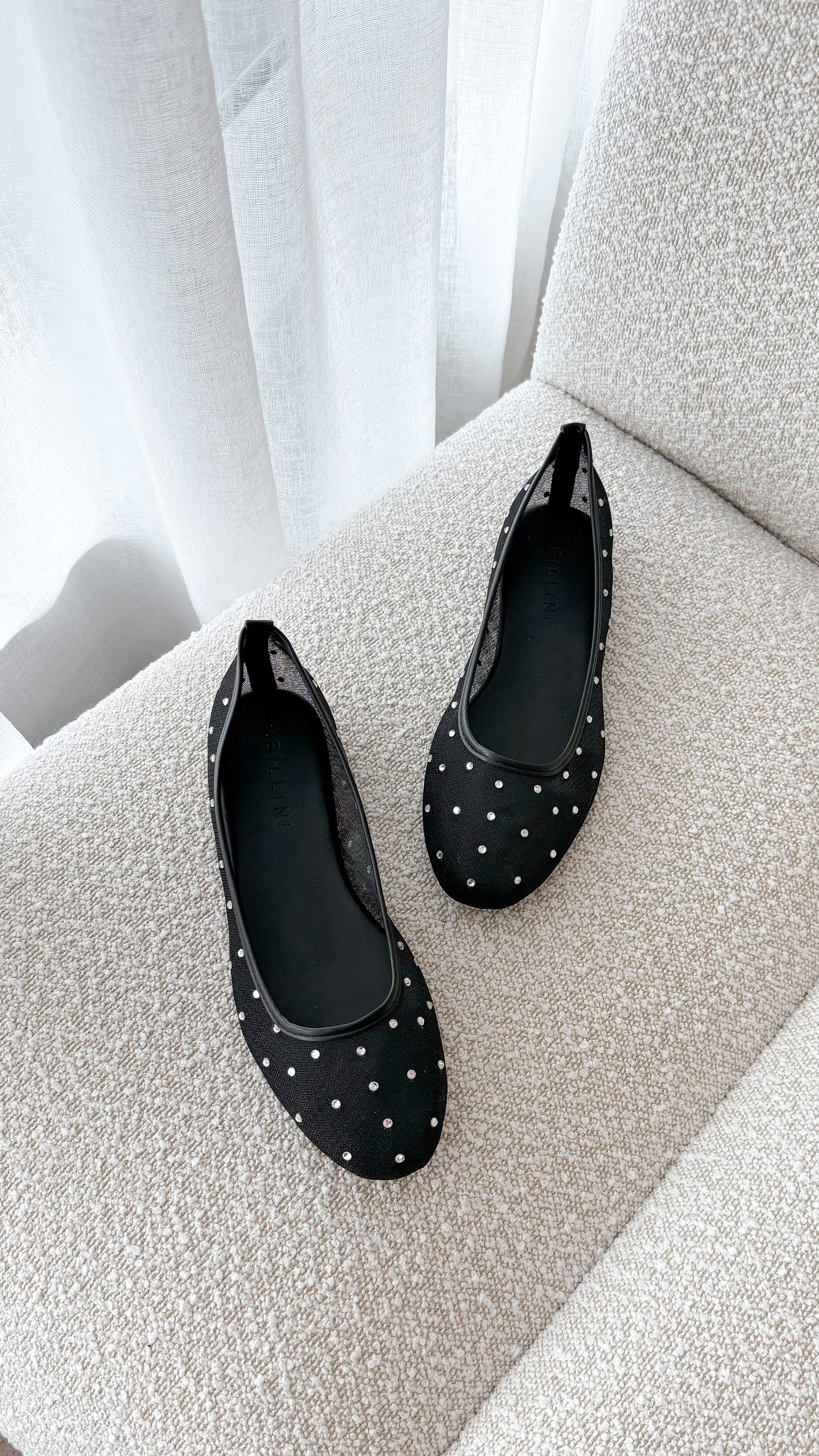 Gerani Flats - Black Mesh Diamante Women's Comfortable Ballet Shoes for Casual Wear & Office