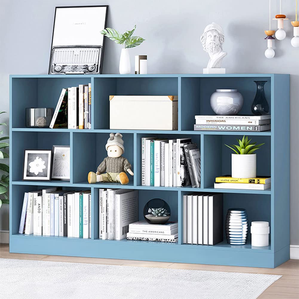 IOTXY 3-Tier Open Shelf Bookcase - Wooden Floor Standing Display Cabinet with Base, 10-Cube Short Horizontal Bookshelf in Bright Blue - Perfect for Living Room, Bedroom & Office Storage Organization