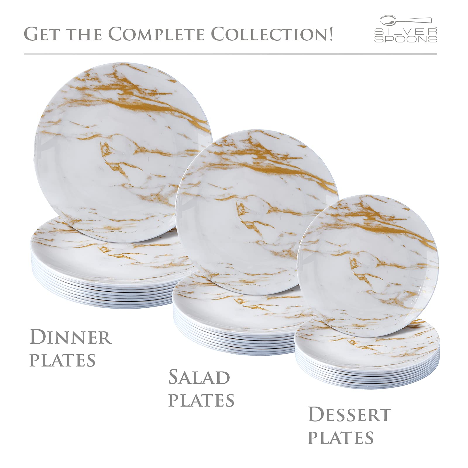 Elegant Gold Marble Design Disposable Salad Plates - Silver Spoons Carrara Marble Collection (9 Inch, 10 Pack) Perfect for Parties, Weddings & Elegant Dining Events