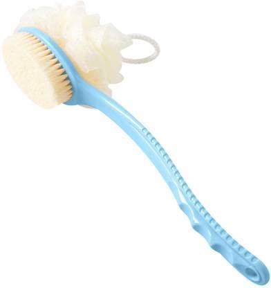 RRJ 2-in-1 Bath Brush with Soft & Firm Bristles + Loofah | Long Curved Handle Back Scrubber | Exfoliating Shower Body Brush for Wet/Dry Use | Men & Women Skin Care | ABS Plastic (Multi-Color) | Perfect for Deep Cleansing, Back Exfoliation & Spa Relaxation